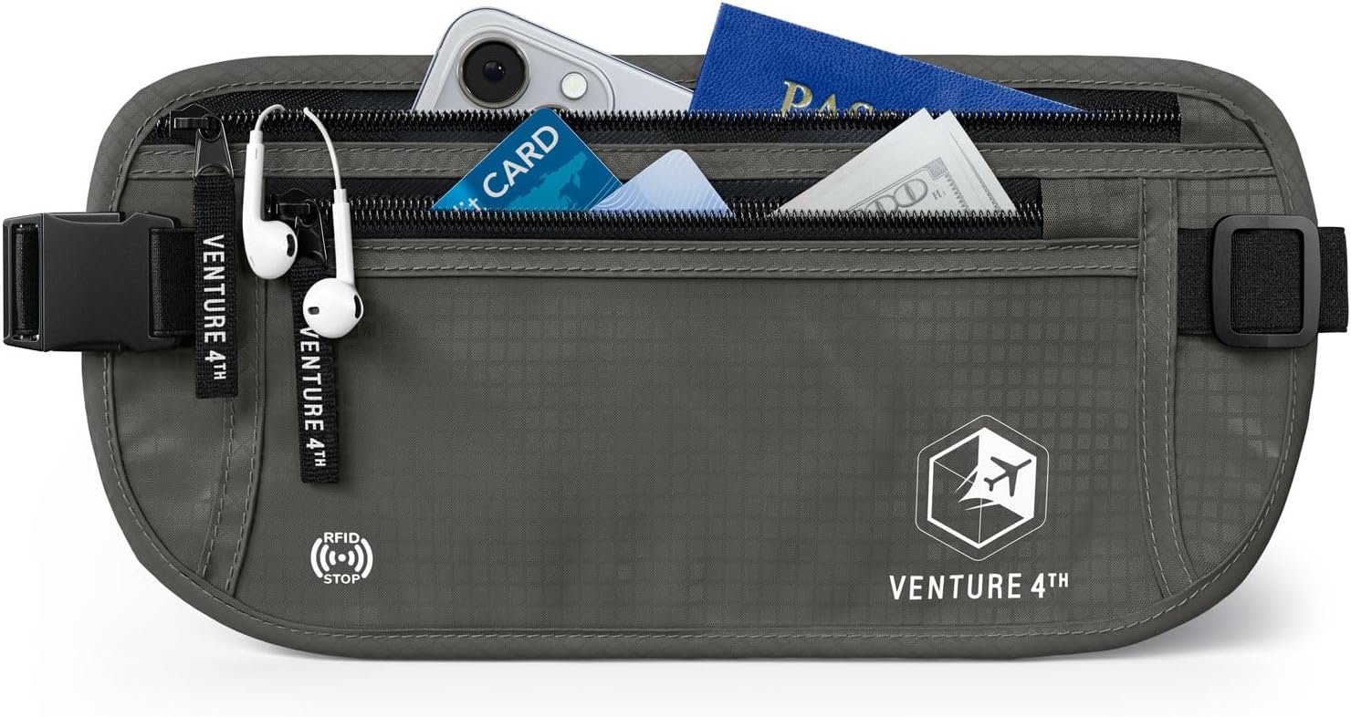 VENTURE 4TH Money Belt for Travel – Slim Hidden Under-Clothes RFID Blocking Anti-Theft Passport Holder & Travel Wallet Pouch for Men & Women to Protect Cash, Cards & Documents (Gray)
