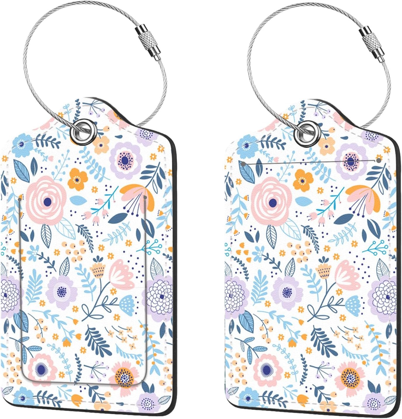 2 Pcs Luggage Tags for Suitcase, Cute Unique PU Leather Travel Bag Tag with Privacy Cover ID Label Address Card and Durable Metal Ring Suitable for Men Women Children Backpack,Colorful Flowers A