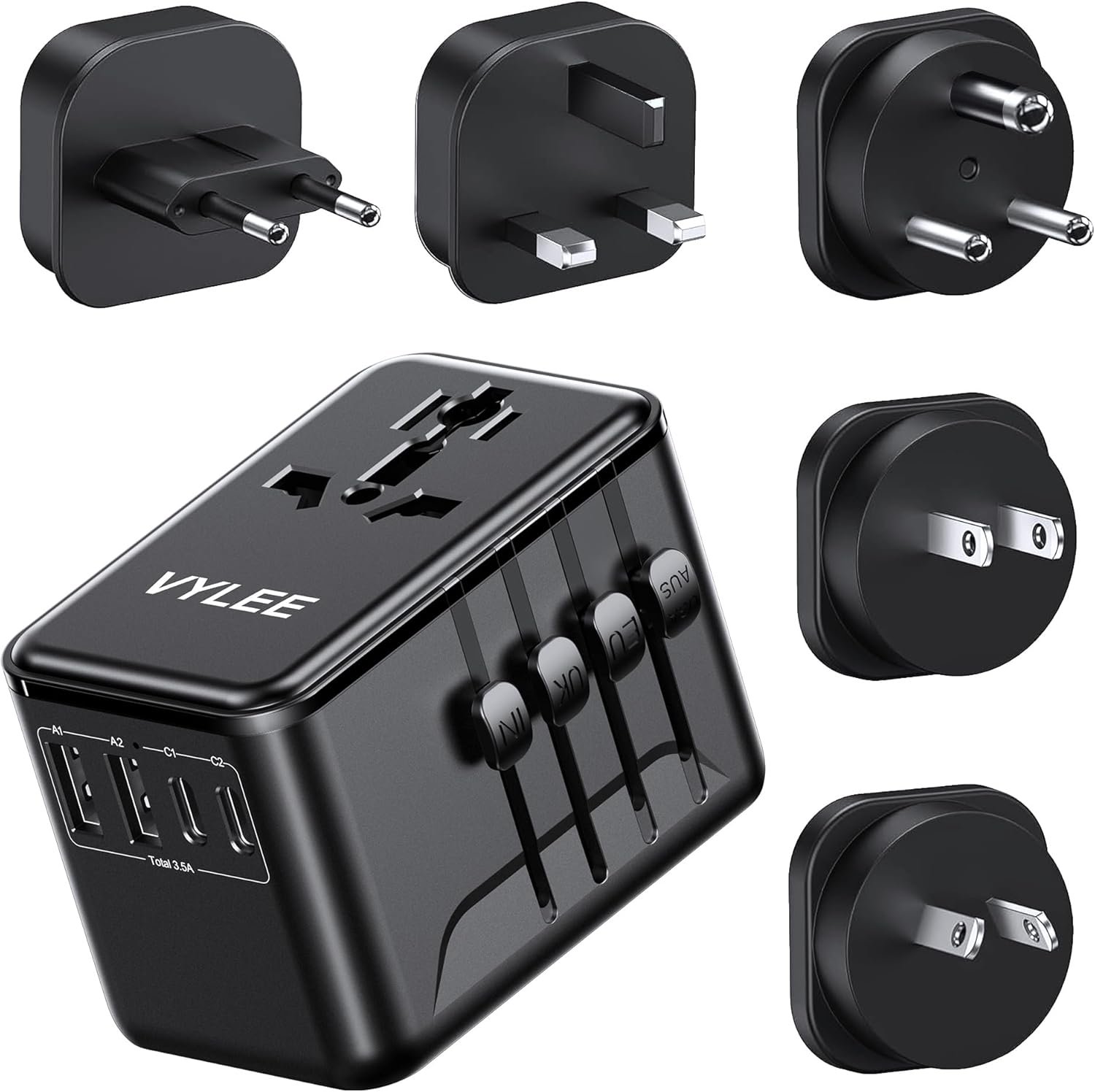 VYLEE Universal Travel Adapter, Type D/G/C/I/A International Adaptor with 2 USB C 2 USB A, Worldwide Charger for Europe UK Maldives Sri Lanka India Nepal Ghana Zimbabwe Tanzania Nigeria (Black)