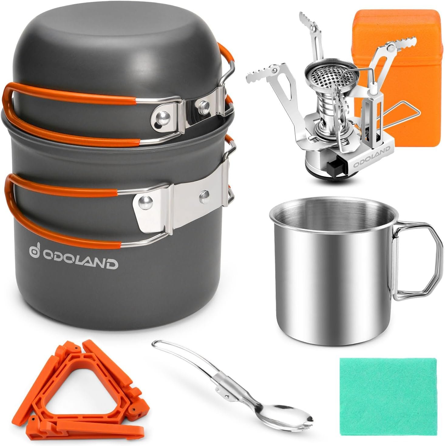 Odoland 8pcs Camping Cookware Mess Kit, Camping Pot and Pan Set with Mini Backpacking Stove, Stainless Steel Cup, Spork and Tank Bracket, Cooking Gear for Outdoor, Hiking, Picnic, Campfire