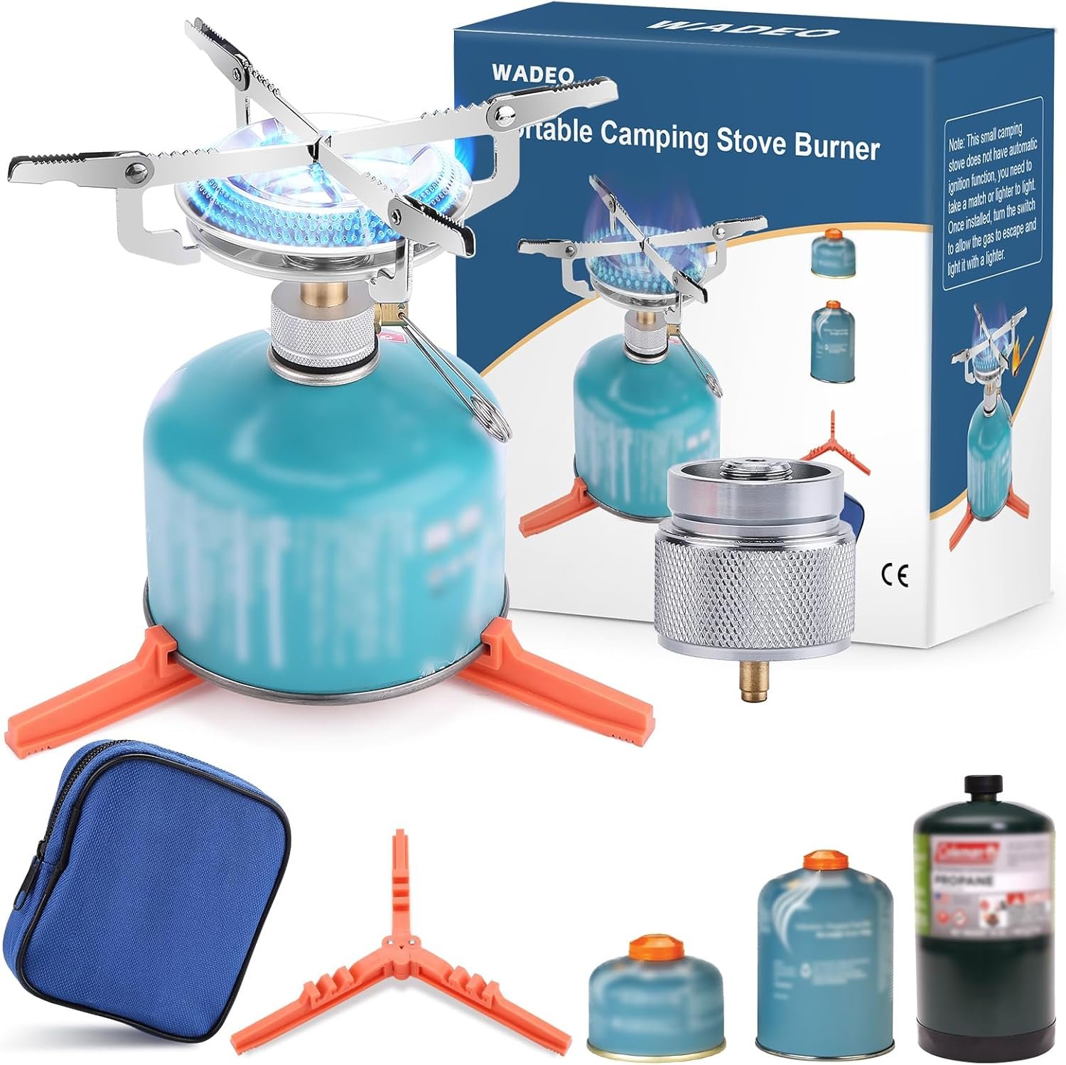 WADEO Portable Camping Stove Burner, Backpacking Stove with 1LB Propane Tank Adapter, Fuel Can Canister Stand and Carry Case, Portable Collapsible Propane Camping Burner for Outdoor Cooking