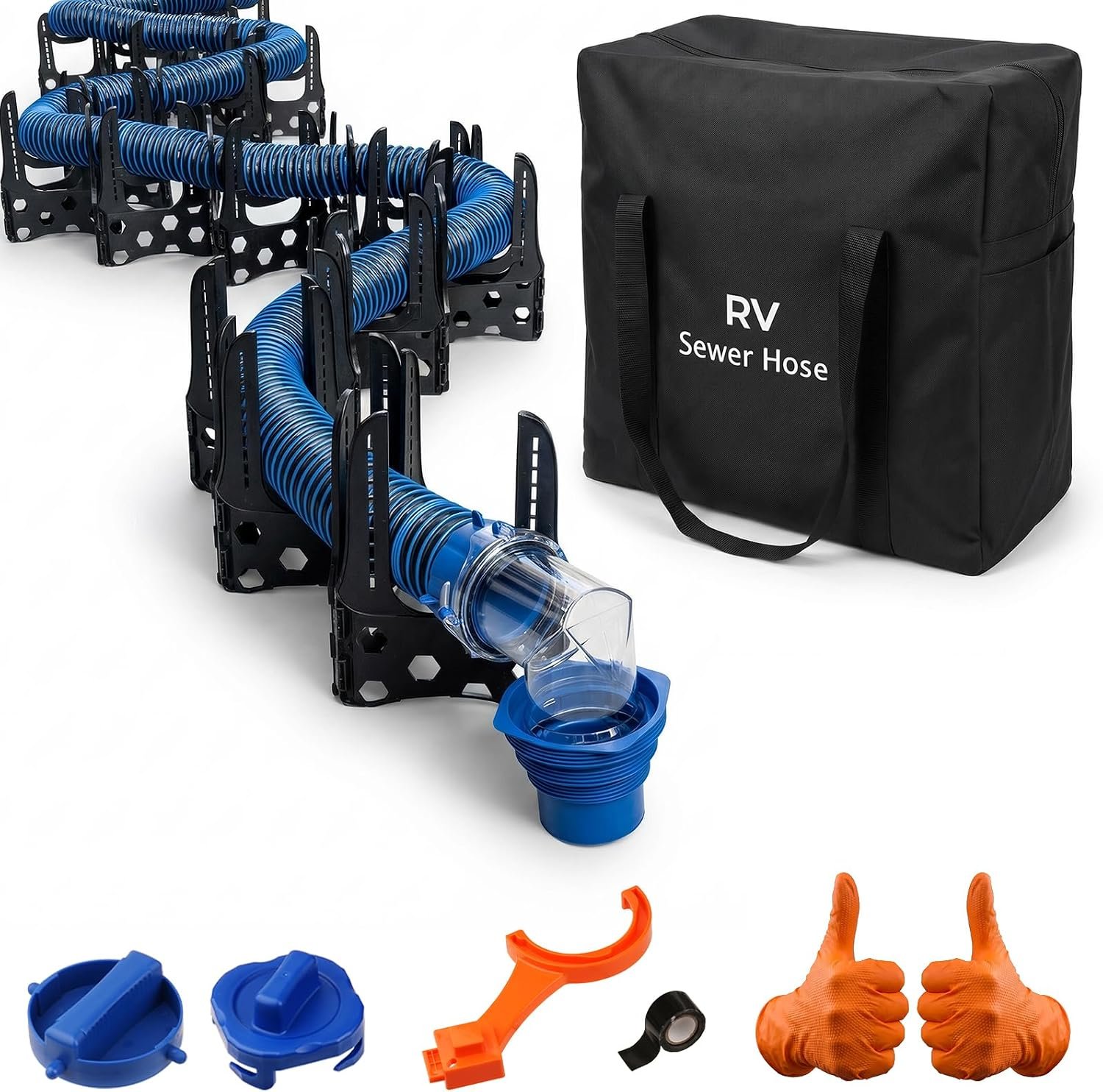 SheeChung 20FT RV Sewer Hose Kit, Complete Sewer Hose for RV Camper – 10 Piece RV Accessories Include RV Sewer Hose Support, Clear Elbow Fitting with 4-in-1 Adapter, Wenrch, Storage Bag, Sewer Caps