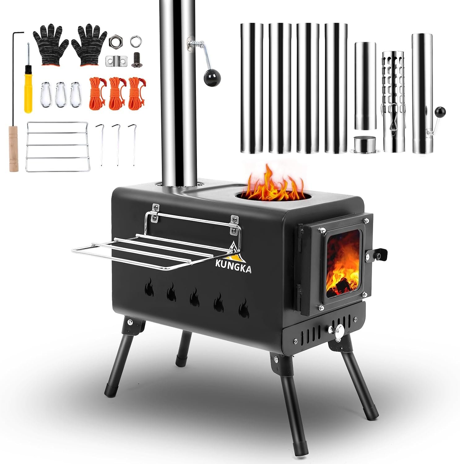 Black Wood Burning Tent Stove, 7 Section & 6 ft height Stainless Steel Chimney with diameter 2.24″, Kungka Portable Hot Tent Stove for Heating & Cooking, Camping, Hunting, Ice Fishing