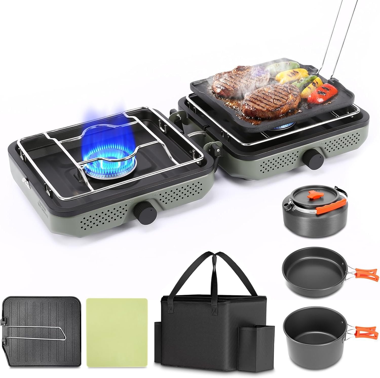 Hisencn 2 Burner Propane Camping Stove, 30000 BTU Foldable Portable Gas Stove with Cookware Set & Carry Bag, Outdoor Cooking for Camping, RV, Emergency Use, Green