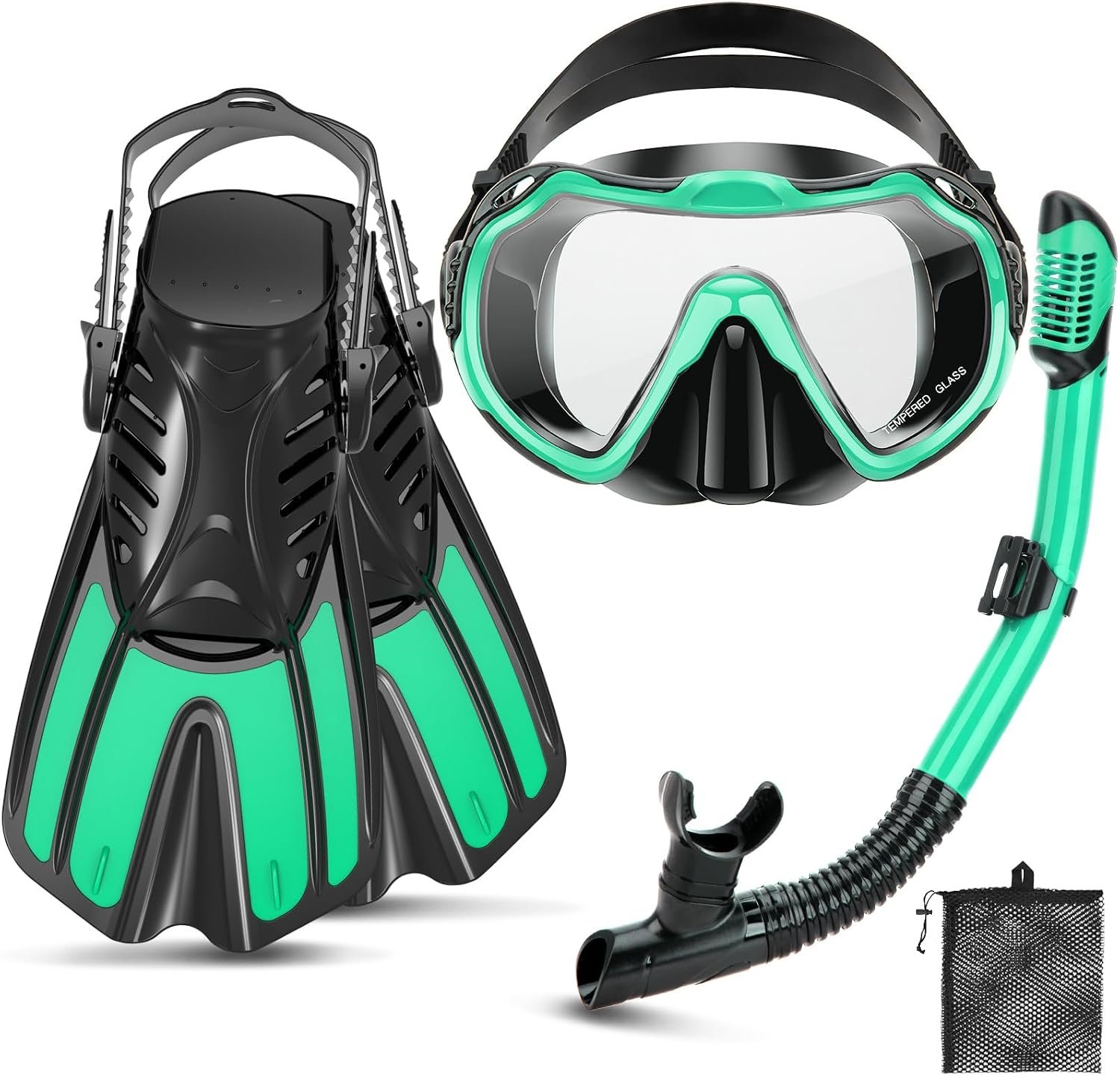 Snorkeling Gear for Kids Adults, 4 in 1 Travel Mask Fins Snorkel Set with Panoramic View Anti Fog Mask, Dry Top Snorkel, Trek Fins and Travel Bag, Snorkel Gear for Swimming Diving Snorkeling