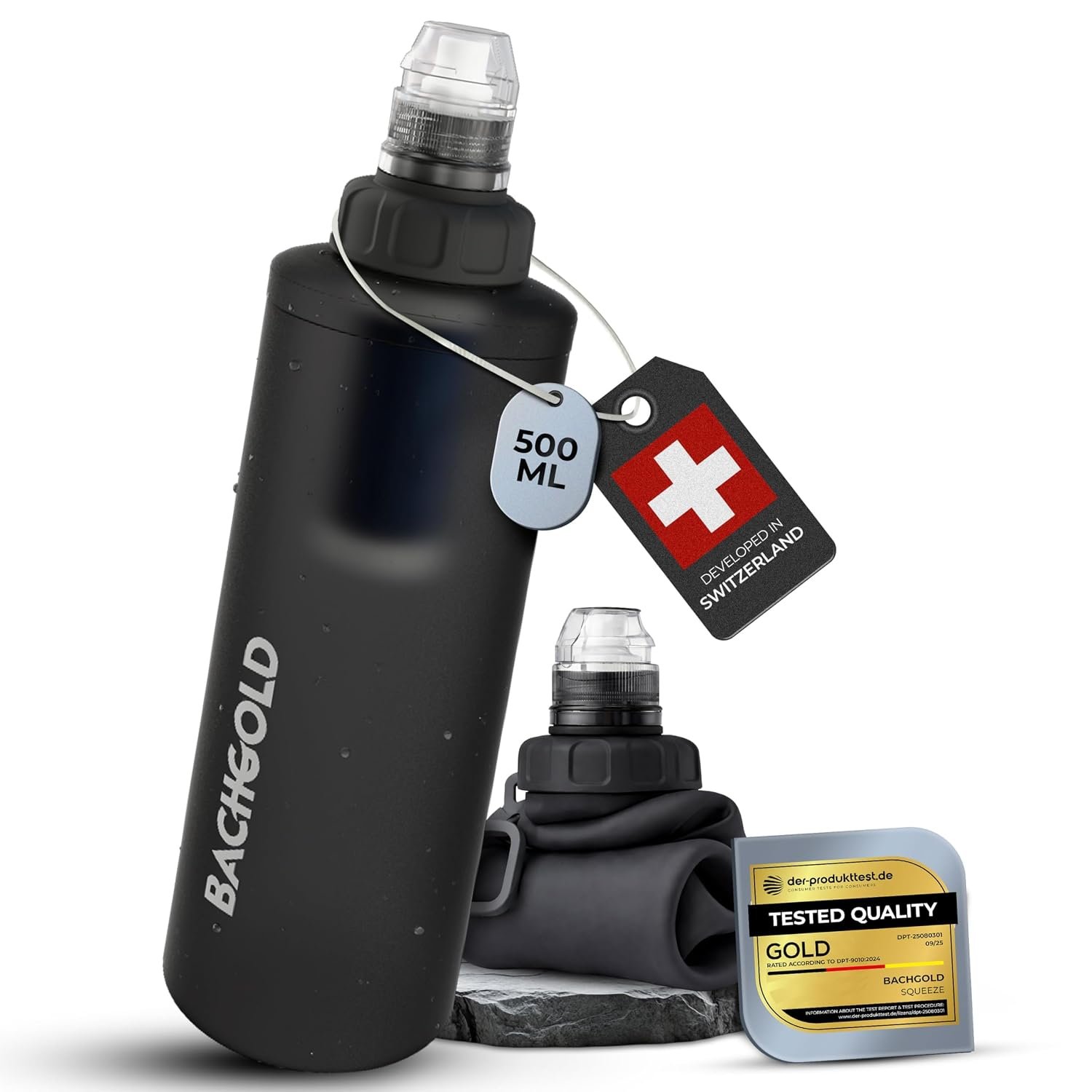 Portable Water Filter for Camping – Bachgold Squeeze Foldable Bottle | Ultralight Backpacking Filtration for Hiking, Survival & Emergency | Dual-Stage Filtration, Swiss Design (Gray, 16.9 Oz)