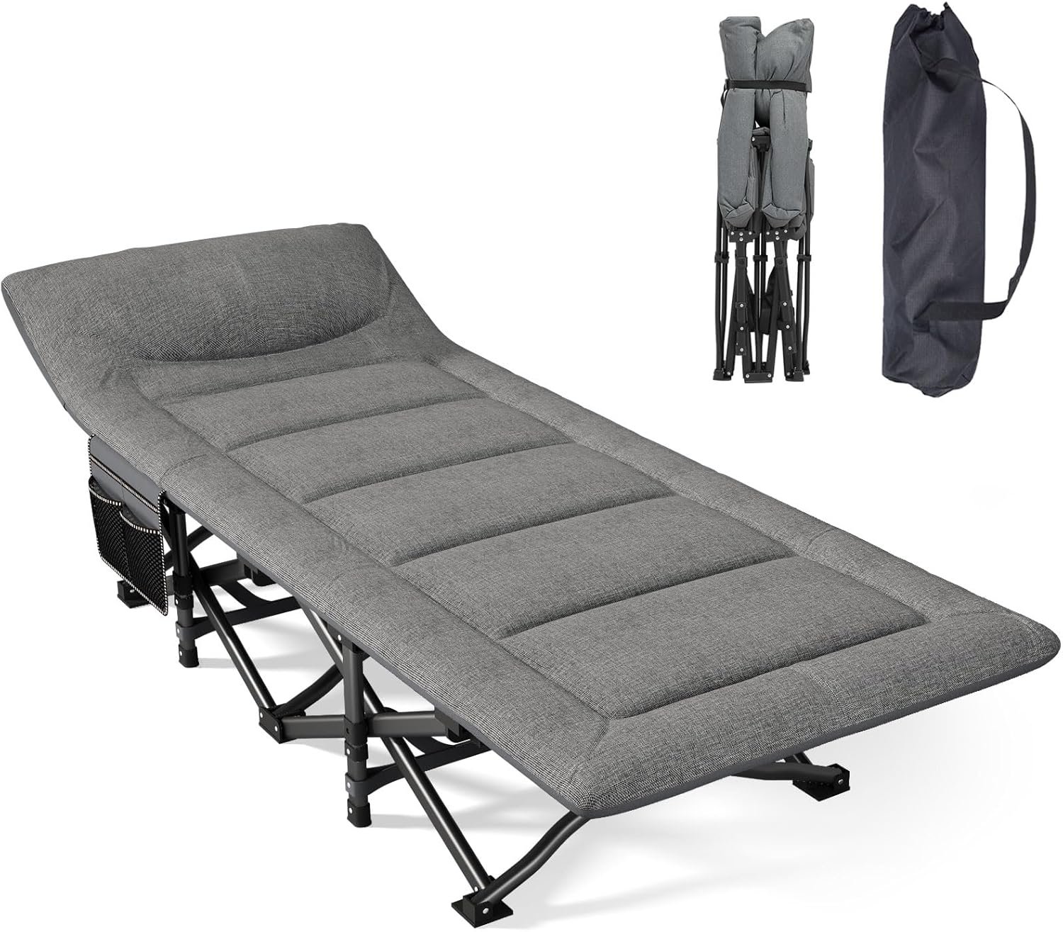 Mopaicot Camping Cot, Folding Cot Bed for Adults with Built-in Mattress and Pillow, Portable Outdoor Sleeping Cot for Camping and Travel, with Carry Bag, Grey, Max Load 450 LBS