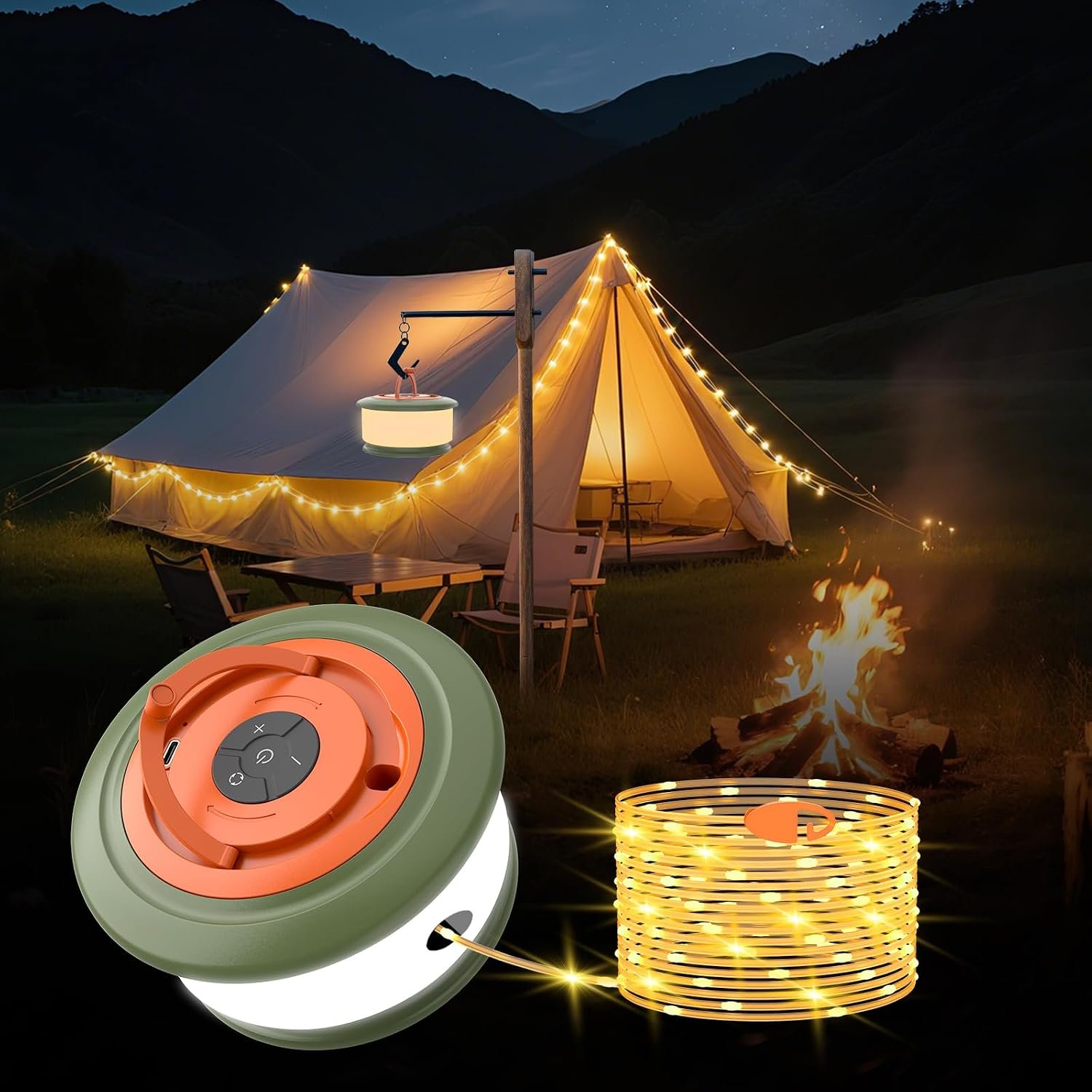 Camping String Lights, 3 in 1 Outdoor Camping Light with 6 Lighting Modes, Quick Storage 32.8FT Rechargeable Tent Lantern, Portable LED Hanging Light for Outdoor Patio Awning Garden Party
