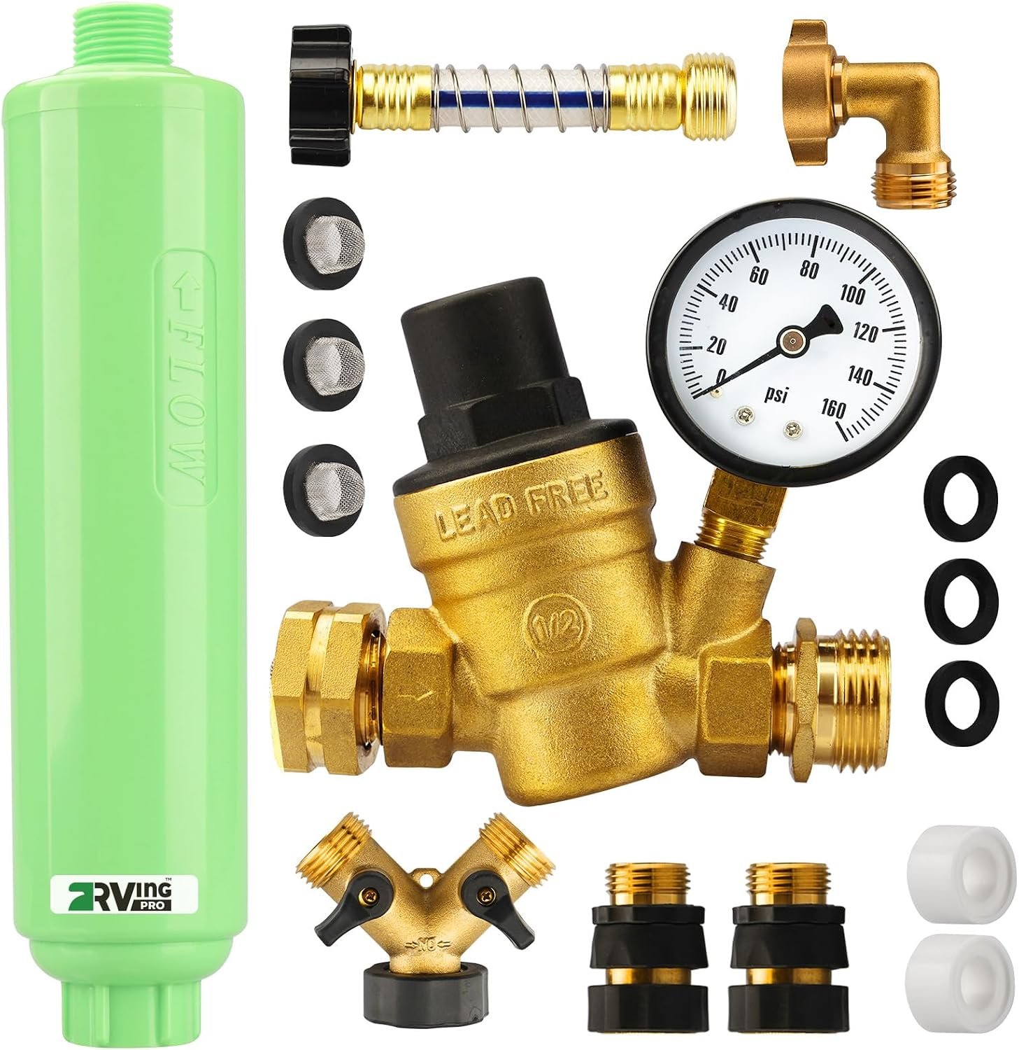 RV Water Pressure Regulator and Filter Kit All-in-One Lead-Free Fresh Water Kit, Complete Drinking Water Hookup Kit for RV, Camper, Trailer
