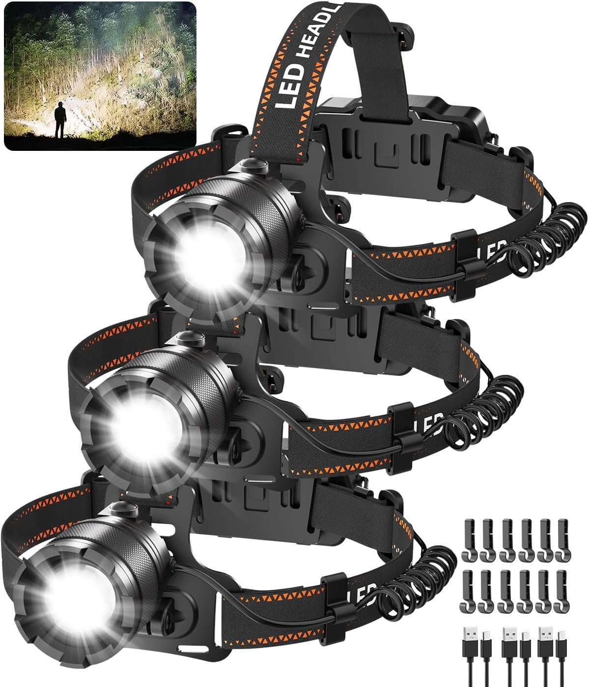KYEKIO 3Pack Rechargeable Headlamps for Adults, 3000L Super Bright Head Lamps LED Rechargeable, 4Mode Head Lights for Forehead Hard Hat, Adjustable Focus 90°Headlight, Waterproof LED Headlamp Camping