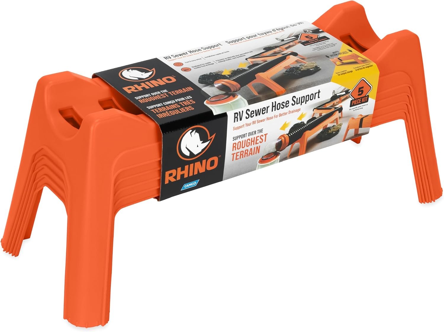 Camco Rhino RV Sewer Hose Support Kit – Extends Over Uneven Terrain for Easy Drainage – Holds Up to 15-Feet of RV Sewer Hose – Features Nesting Design for Storage – 5 Support Sections (43072)
