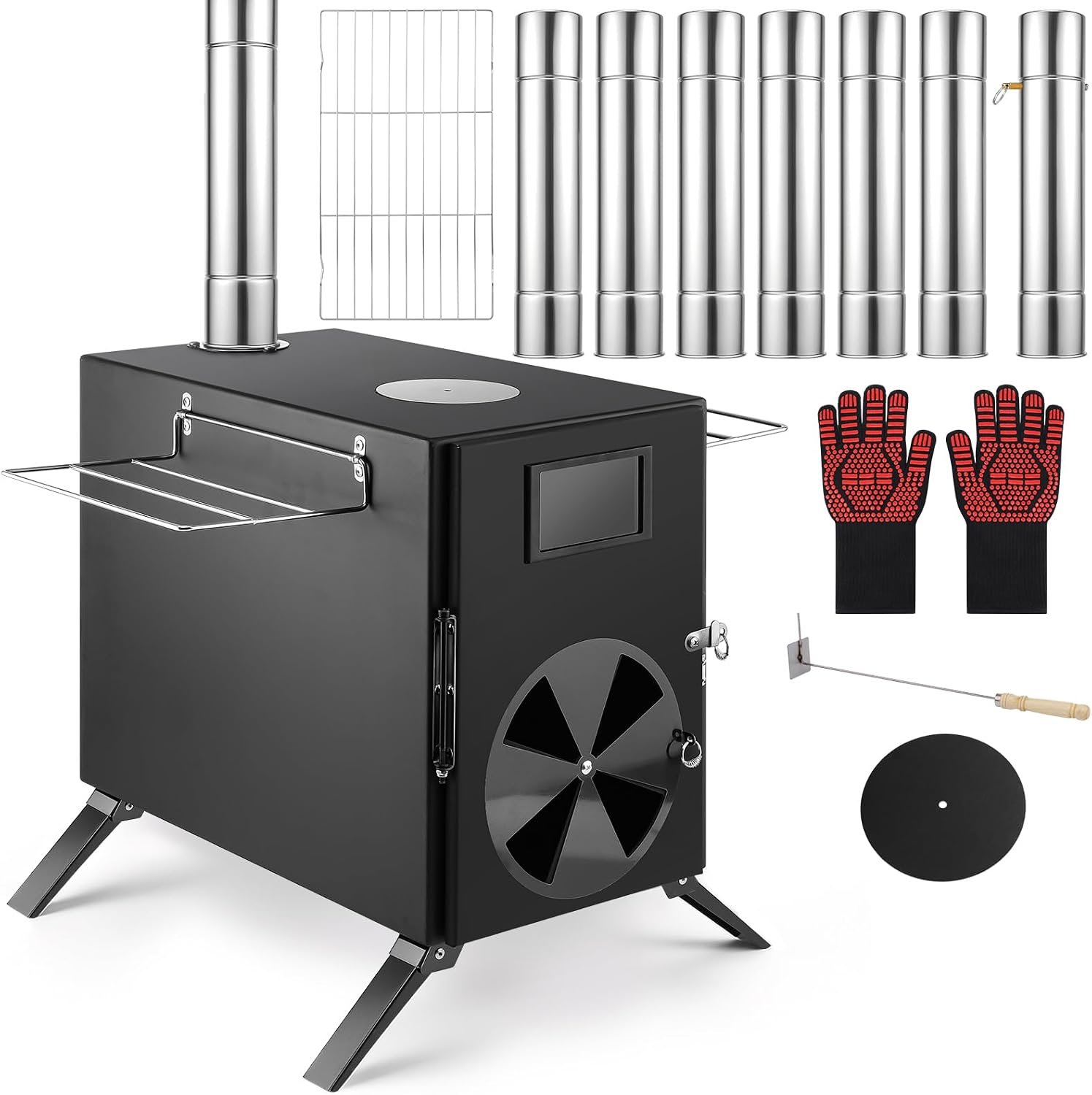 Hot Stove for Camping, 17.4 * 14 * 13.5″ Multipurpose Portable Wood Stove with 71″ Chimney Pipe Outdoor Stoves for Camping Cooking Ice Fishing