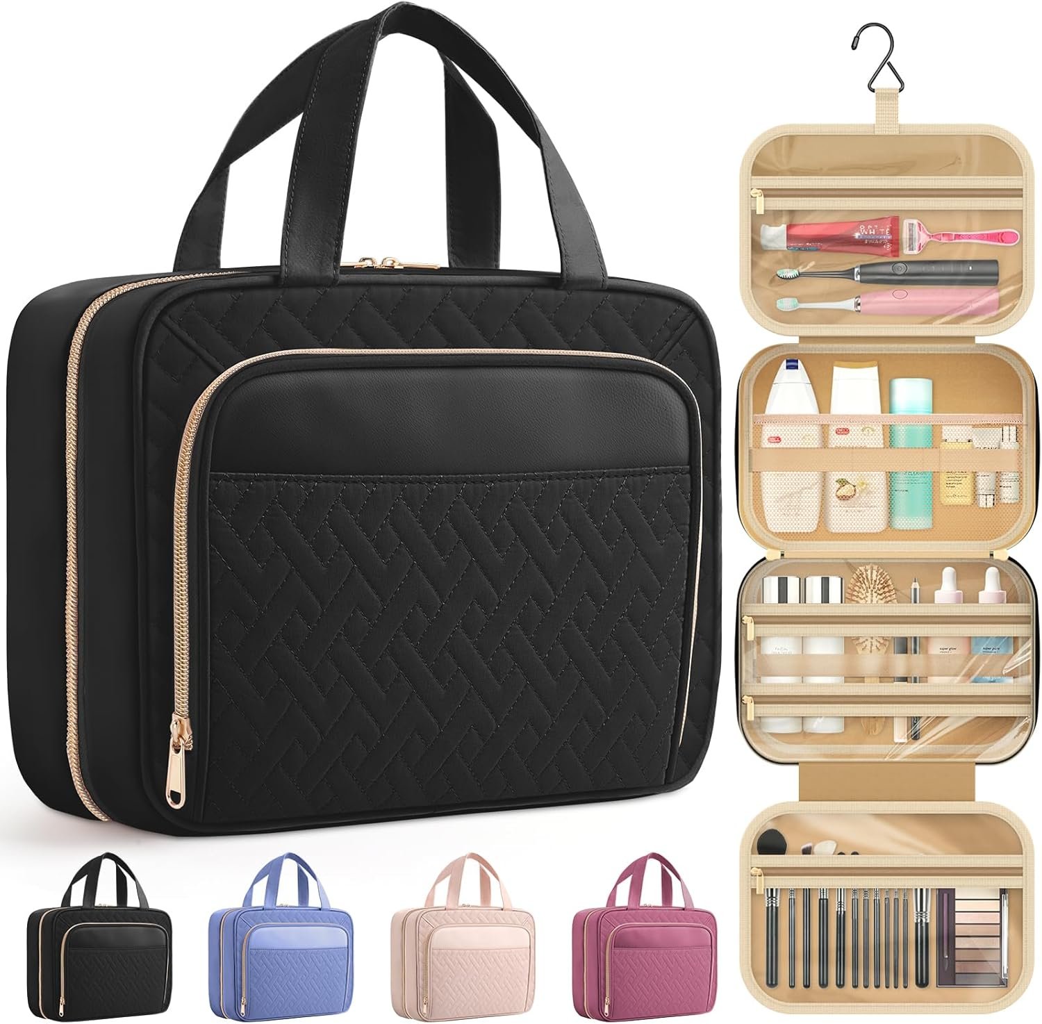 HOTOR Hanging Travel Toiletry Bag Women Men, Black, Medium | Waterproof Makeup Bag Hanging Hook,Multiple Pockets,Travel Essentials,11.2 x 3.2 x 8.9inches