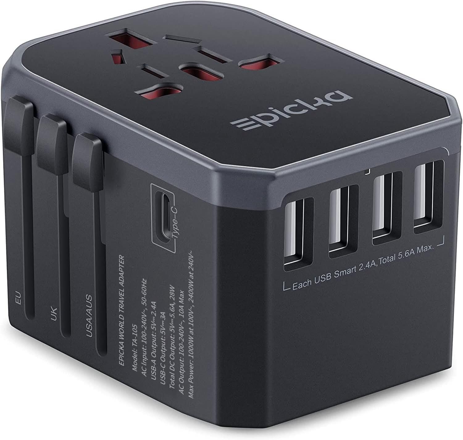 EPICKA Universal Travel Adapter, European Travel Plug Adapter (Not a Voltage Converter) – International Power Adapter Worldwide Charger with USB-C & 4 USB-A Ports, Travel Essentials (TA-105, Grey)