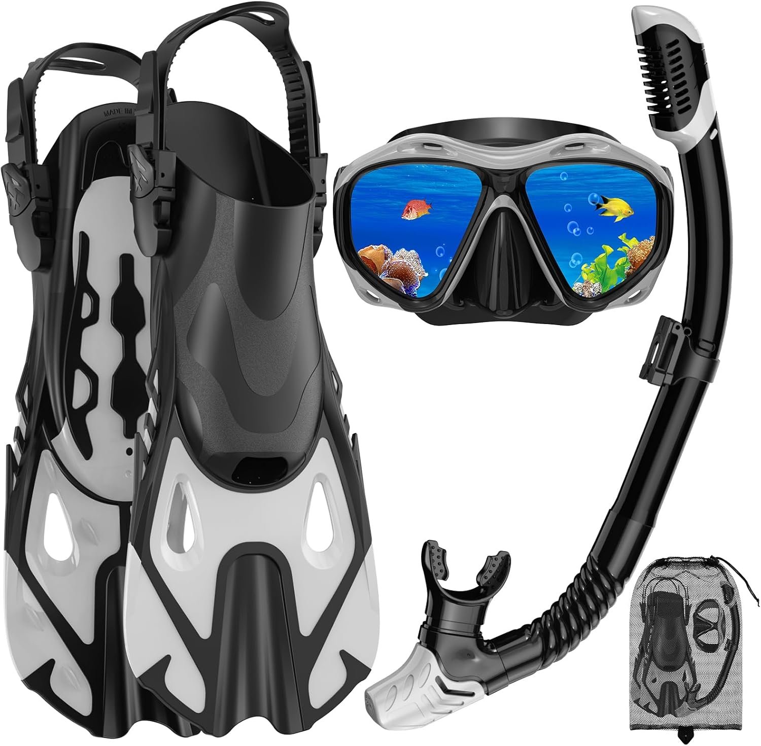 Snorkeling Gear for Adults, Mask Fin Snorkel Set, Dry Top Snorkel Mask, Panoramic View Anti-Leak Anti-Fog 3 in 1 Snorkeling Kit Travel Diving Package with Storage Bag