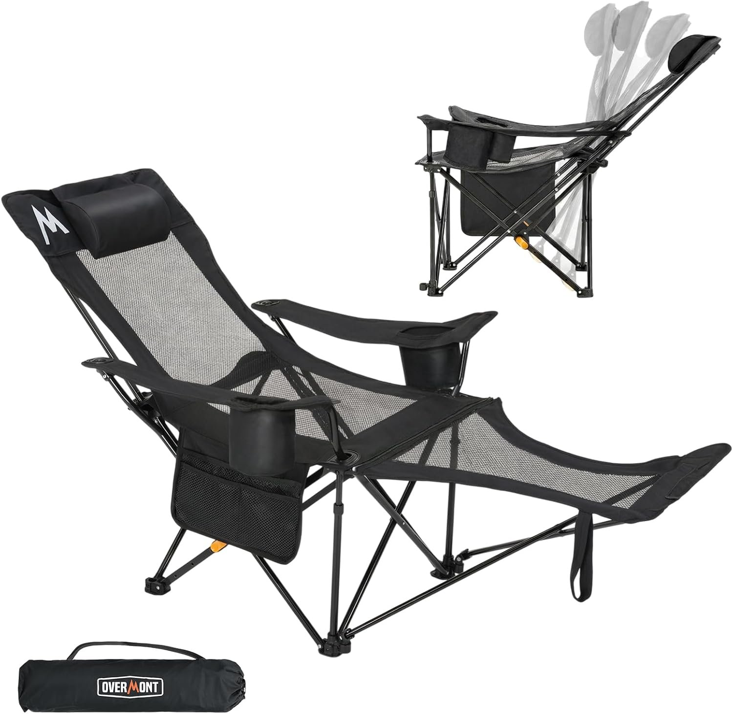 Overmont Reclining Camping Chair with Footrest – 4-Position Adjustable Backrest Lightweight Folding Lounge Chair for Adults with Pillow Carry Bag – Support 300LBS Portable for Outdoor Beach Lawn Patio