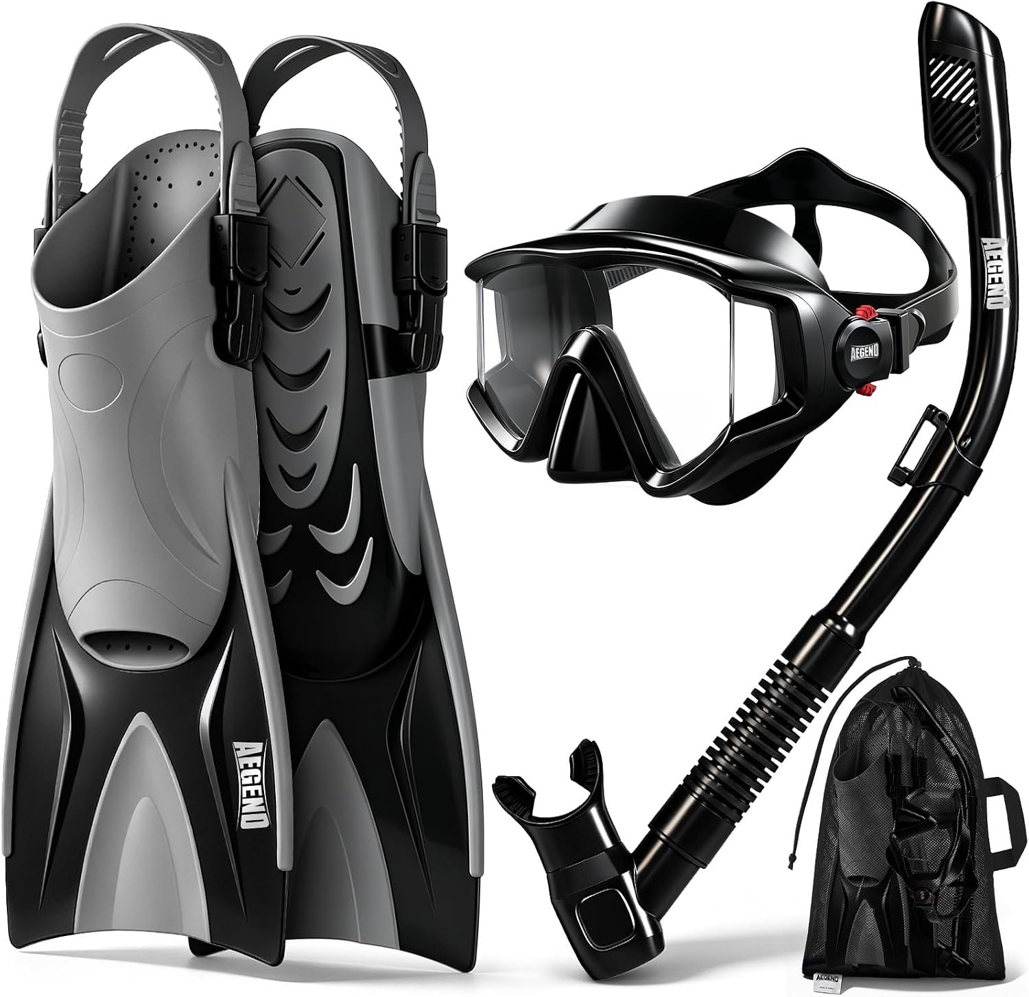 Aegend Snorkeling Gear for Adults Men Women: Anti-Fog Panoramic Mask Set, Adjustable Fins & Dry Top Snorkel – All-in-One Travel Snorkel Set for Swimming, Diving & Snorkeling