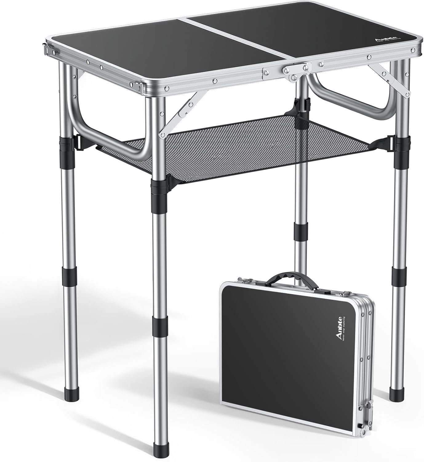 Anbte Folding Camping Table, Aluminum 24″ x 16″ Adjustable Height Small Folding Table with Carrying Handle, Lightweight, Portable Camping Table Waterproof for Outdoor Indoor Picnic Beach BBQ (Black)