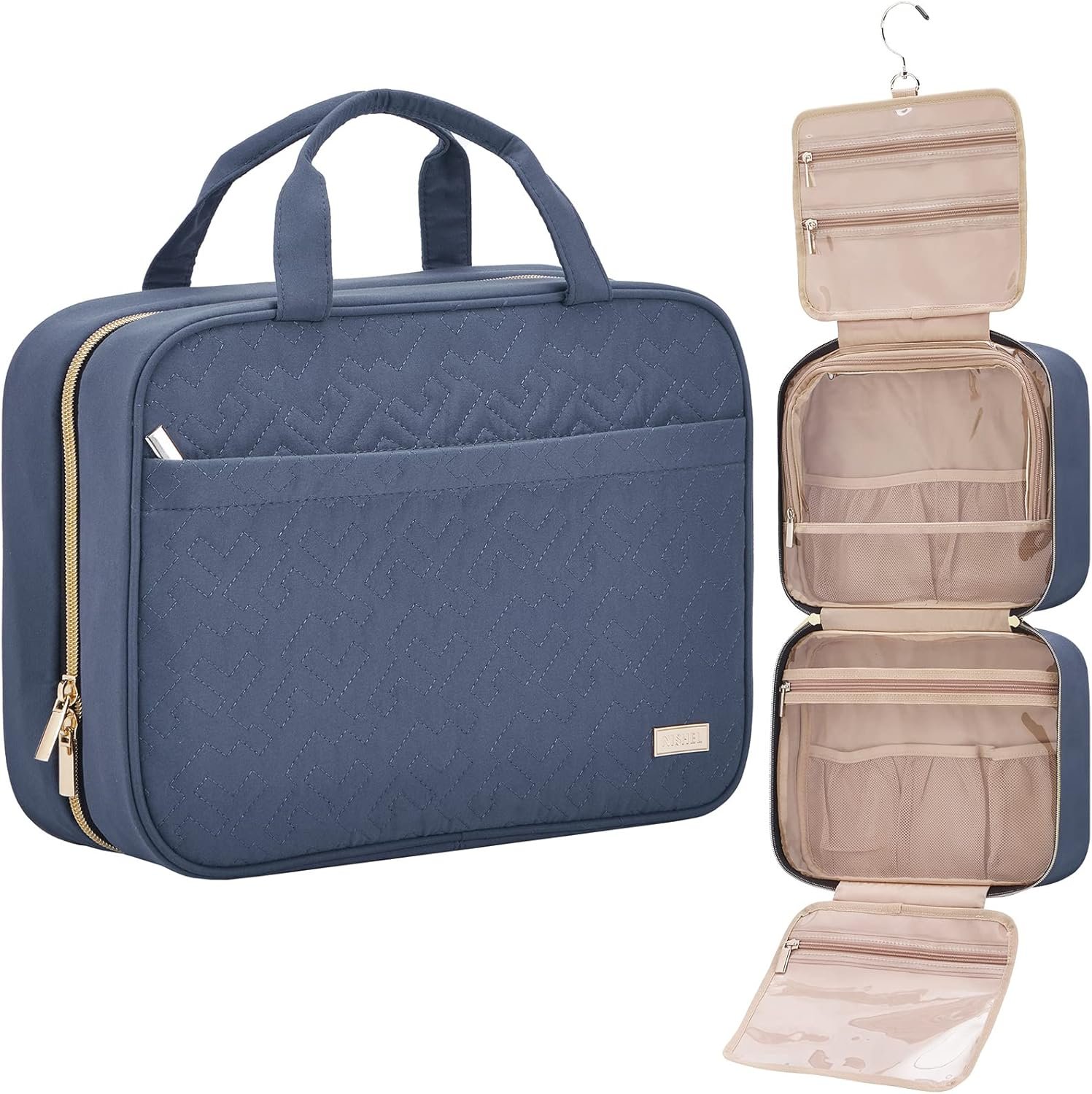 NISHEL Travel Toiletry Bag for women, Portable Hanging Organizer for Full-Sized Shampoo, Conditioner, Brushes Set, Makeup Accessories, Large Size, Aegean-Blue