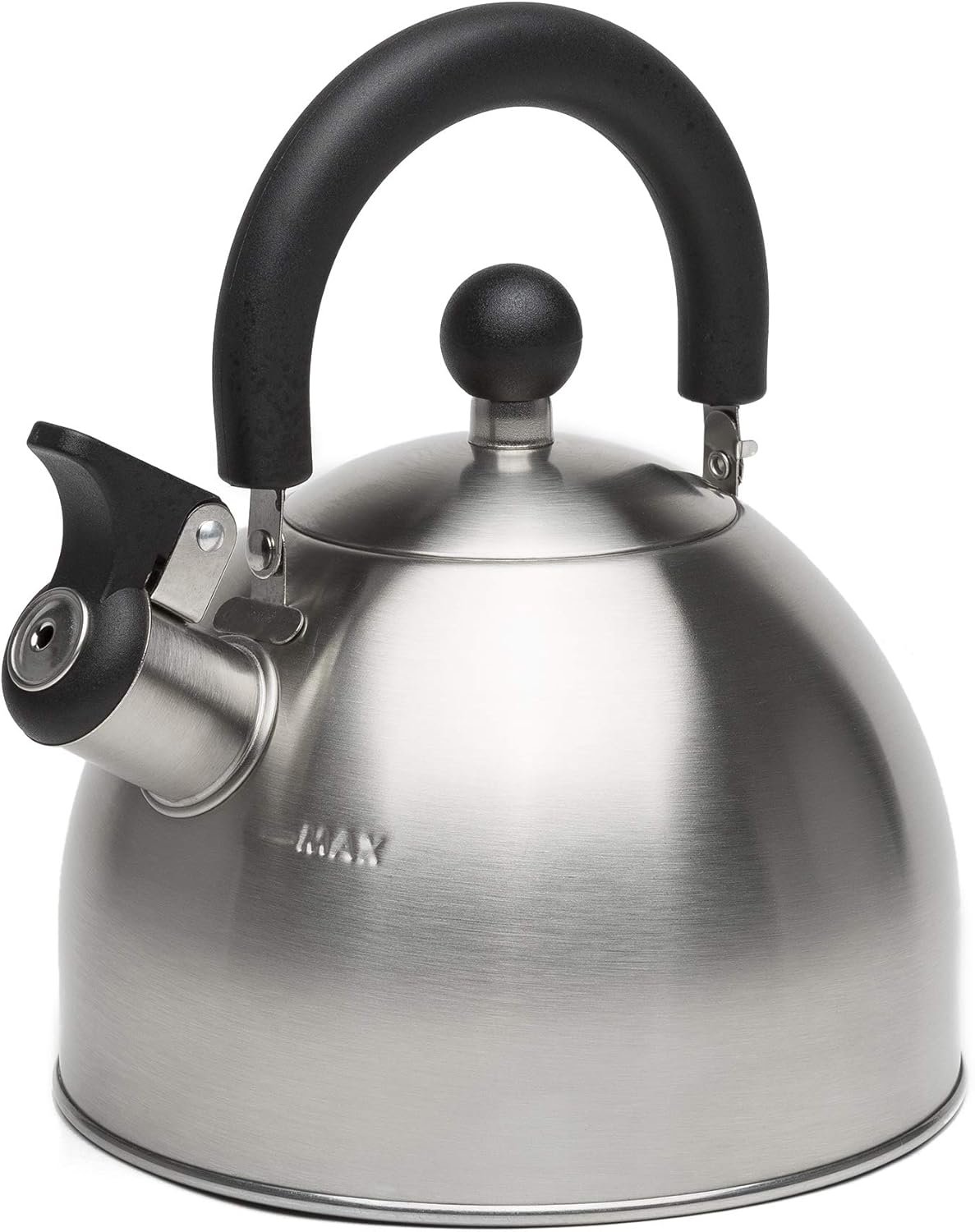 Primula Stewart Whistling Tea Kettle for Stovetop, Stainless Steel Stove Top Kettle with Fast Boil Whistling Spout and Cool Touch Folding Handle, 1.5-Quart, Brushed Silver with Black Handle