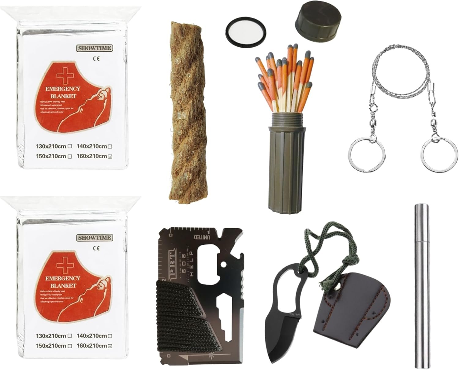 Survival Kit with Windproof Waterproof Matches (2.6″) – Fire Starter Kit with 2 Thermal Blankets, Wax Fire Rope, Wire Saw & 14-in-1 Tool – Bug Out Bag Gear for Camping, Hiking & Emergency