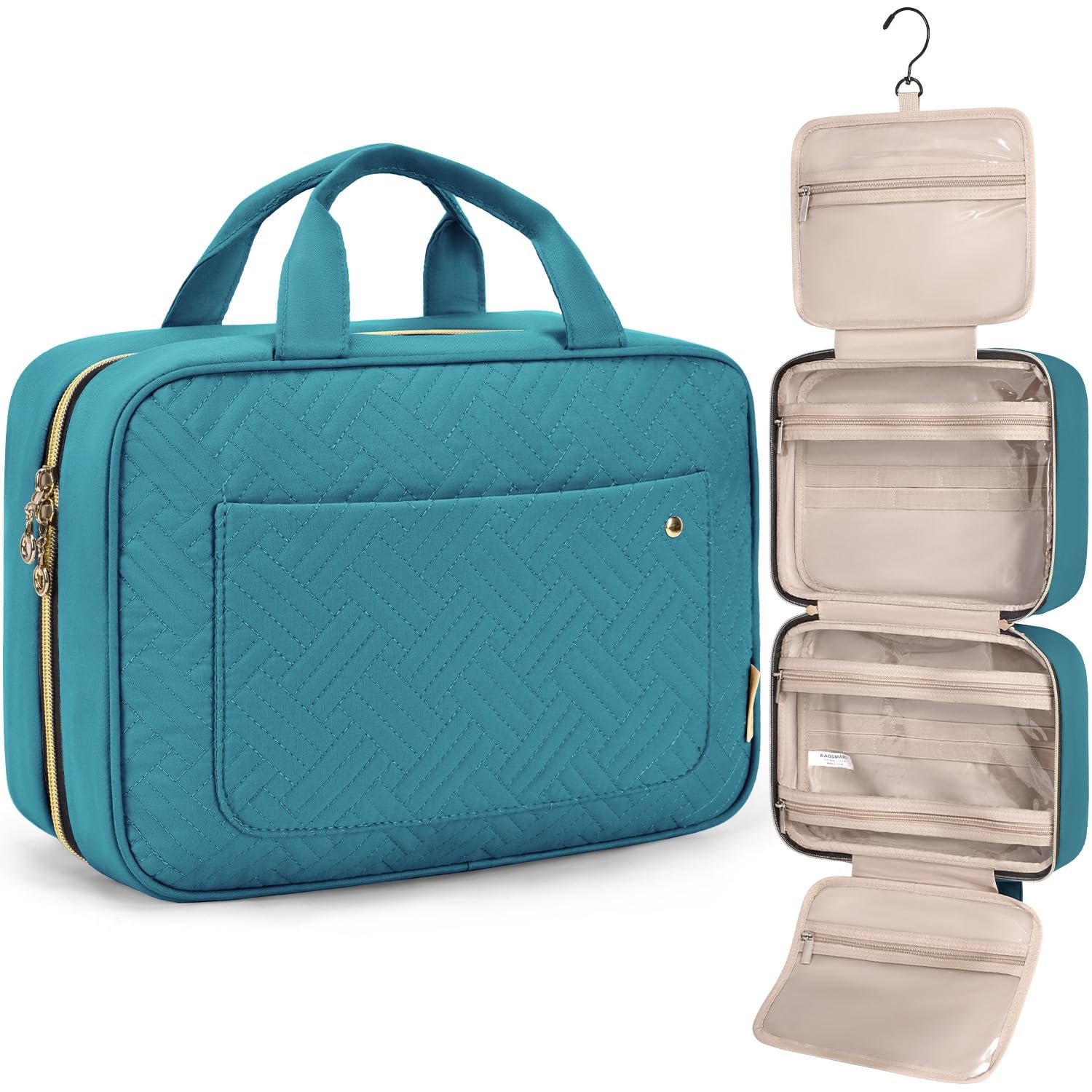 BAGSMART Toiletry Bag Travel Bag with hanging hook, Water-resistant Makeup Cosmetic Bag Travel Organizer for Accessories, Shampoo, Full Sized Container, Toiletries, Teal