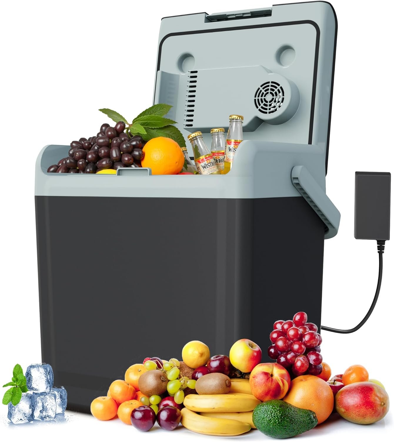 SUNVIVI Electric Cooler & Warmer with Handle, 25QT Portable Thermoelectric Car Refrigerator, Dual Cooling & Heating 12V Mini Fridge with Wind-Cooling System, Plug-in Cooler for Car, Truck, Black