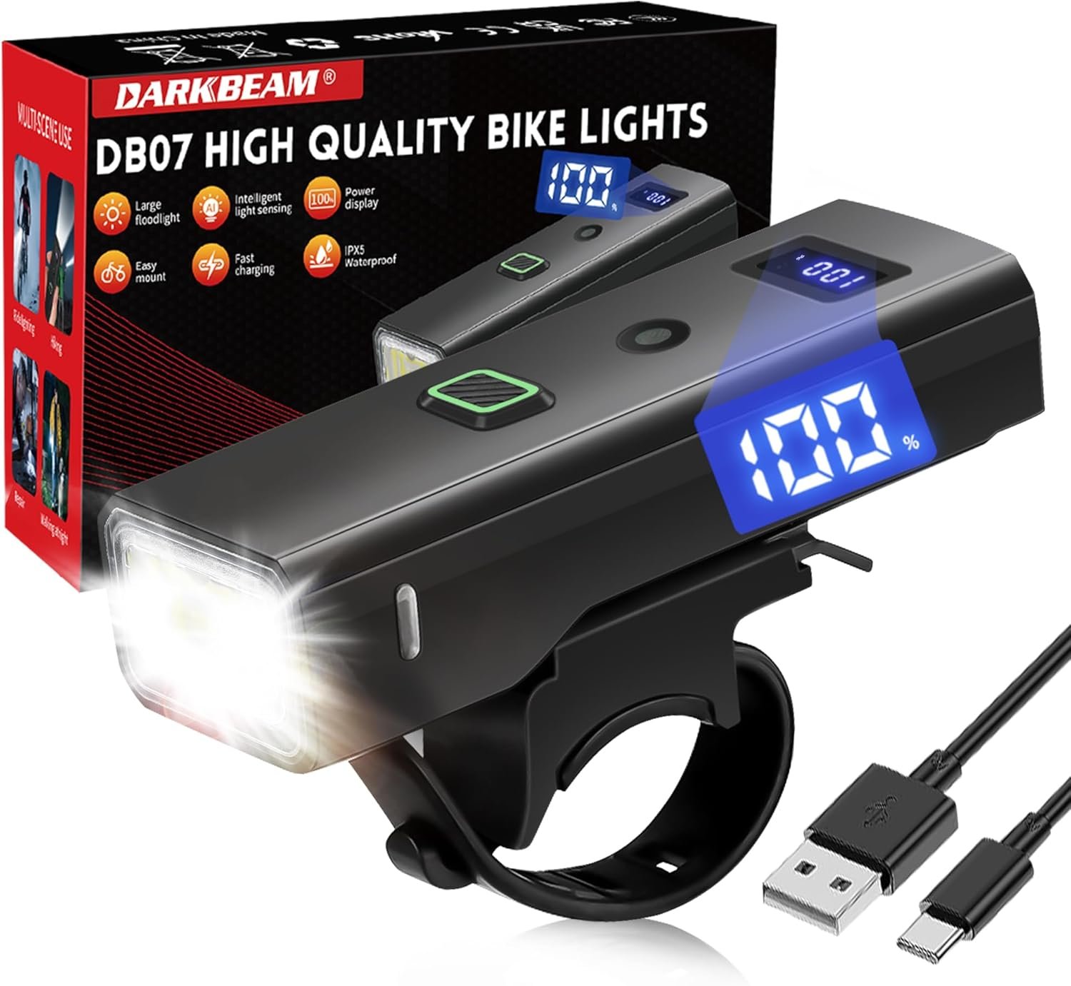 DARKBEAM Bike Light, High Lumens Super Bright Bicycle Front Headlight USB Rechargeable, Waterproof Cycling Lights 4-Mode for Night Riding, Road, Mountain, Safety, with LED Display & Light Sensor