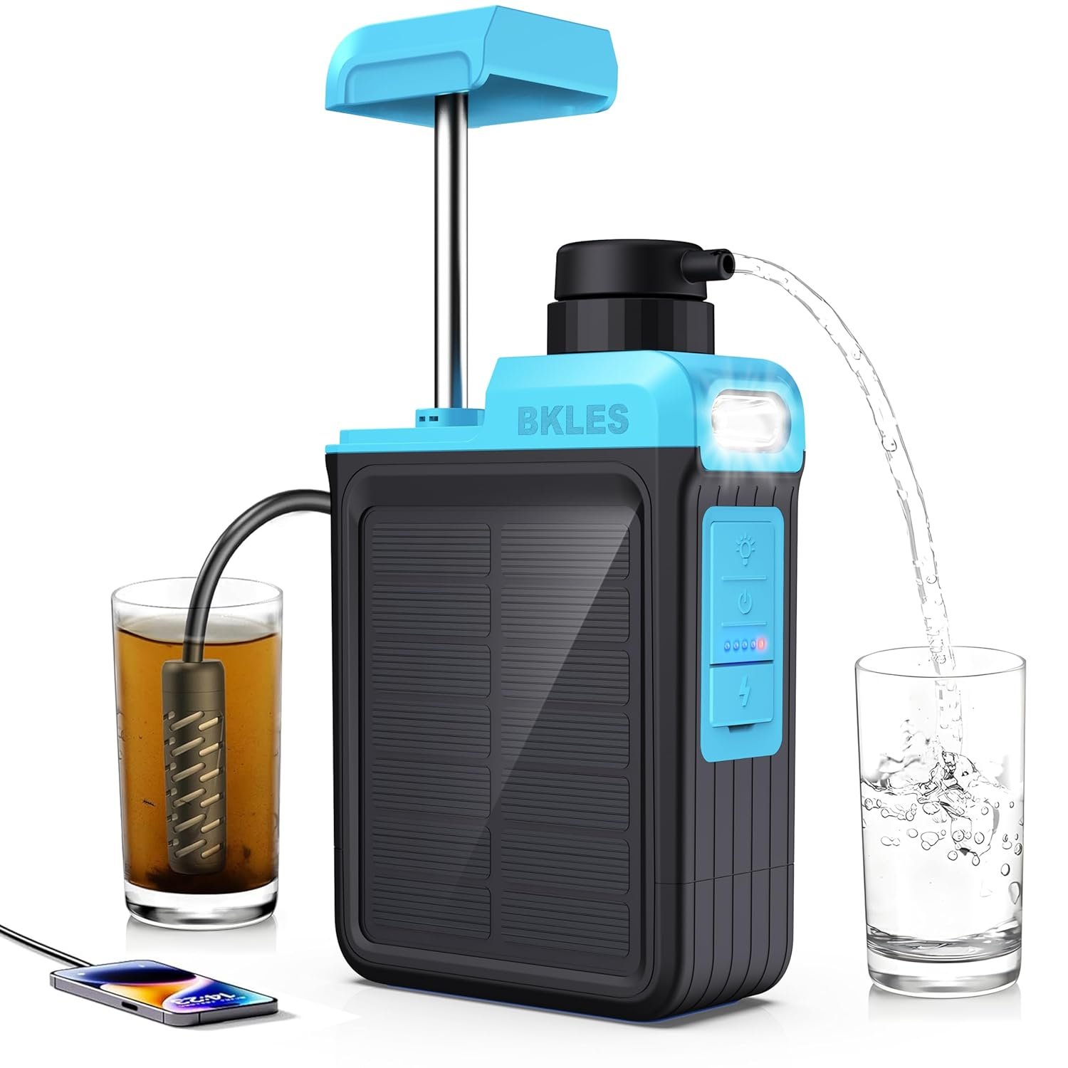 BKLES 3-in-1 Solar Electric Water Filter with Hand Pump – Camping Water Filtration System Survival, Portable Water Purifier with Emergency Light, Survival Kit for Backpacking, Gifts for Father’s Day
