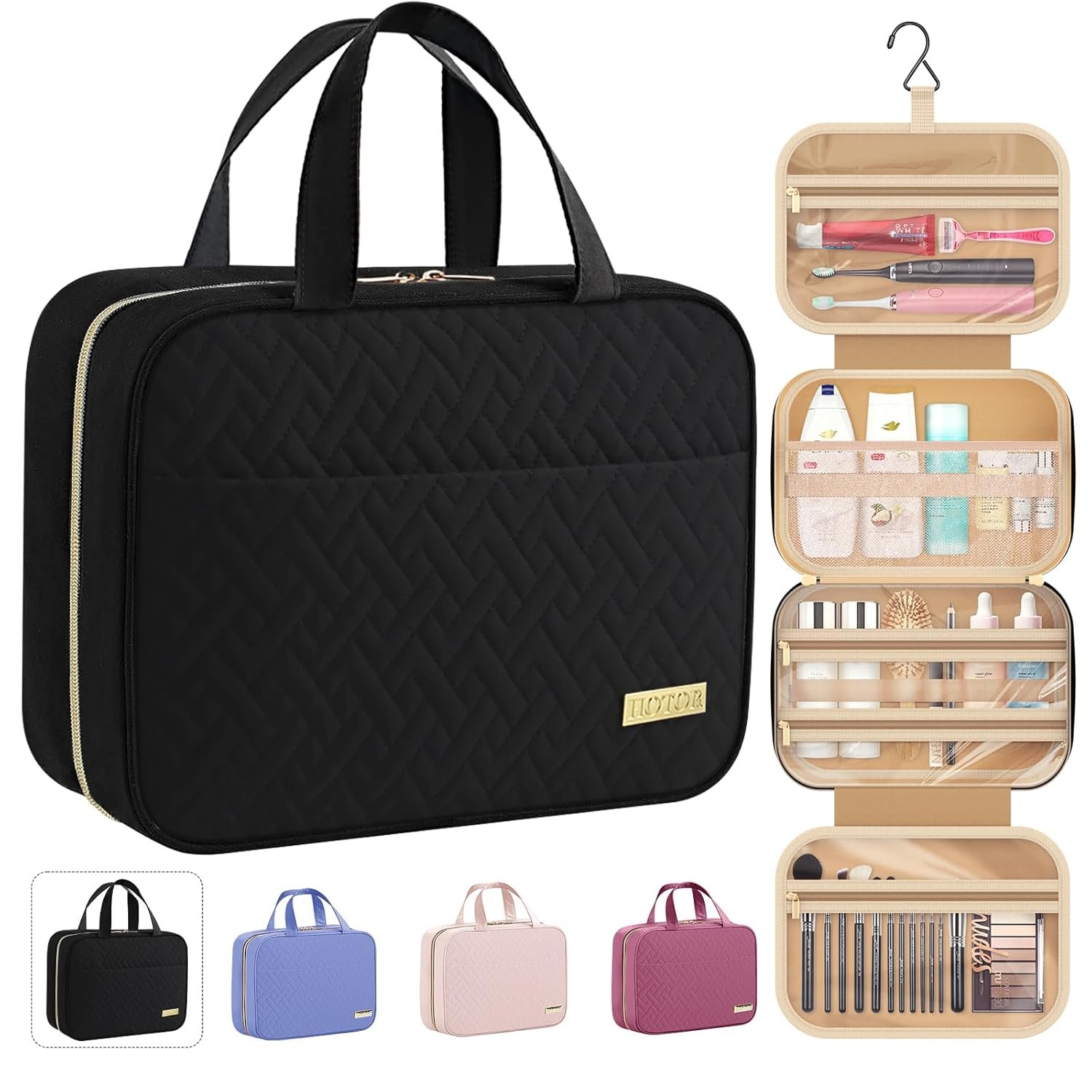 HOTOR Travel Toiletry Bag – Hanging Toiletry Bag for Women & Men, Makeup Bag/Big Comparment, Waterproof for Travel Accessories, Travel Essentials, Medium, Black