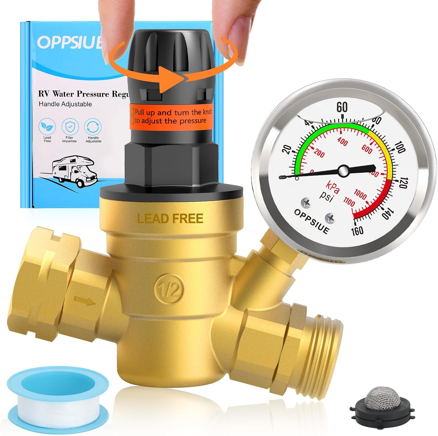 RV Water Pressure Regulator with Colorful Gauge, Hand Adjustable Knob,Brass Lead-Free Water Pressure Reducer with Inlet Screen Filter,for RV Camper Travel Trailer Water Hose,Suitable for NH Thread
