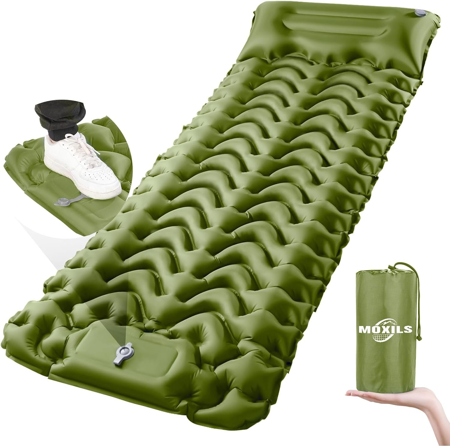 MOXILS Sleeping Pad, Ultralight Inflatable Sleeping Pad for Camping, Built-in Pump, Ultimate for Camping, Hiking, Airpad, Carry Bag, Repair Kit, Compact & Lightweight Air Mattress(Green)