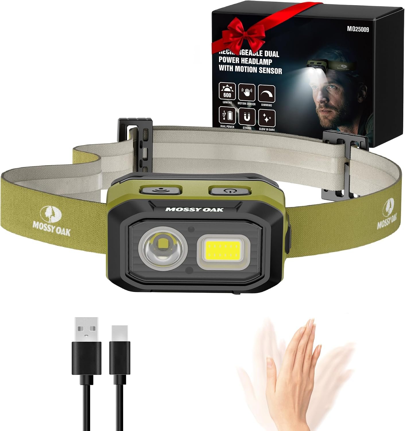 Mossy Oak 600 Lumens LED Headlamp, Dual Power Source, Motion Sensor Head Lamp with Magnetic Base, Stepless Dimming, Memory Mode for Camping, Hiking, Work, Repair, Mechanic