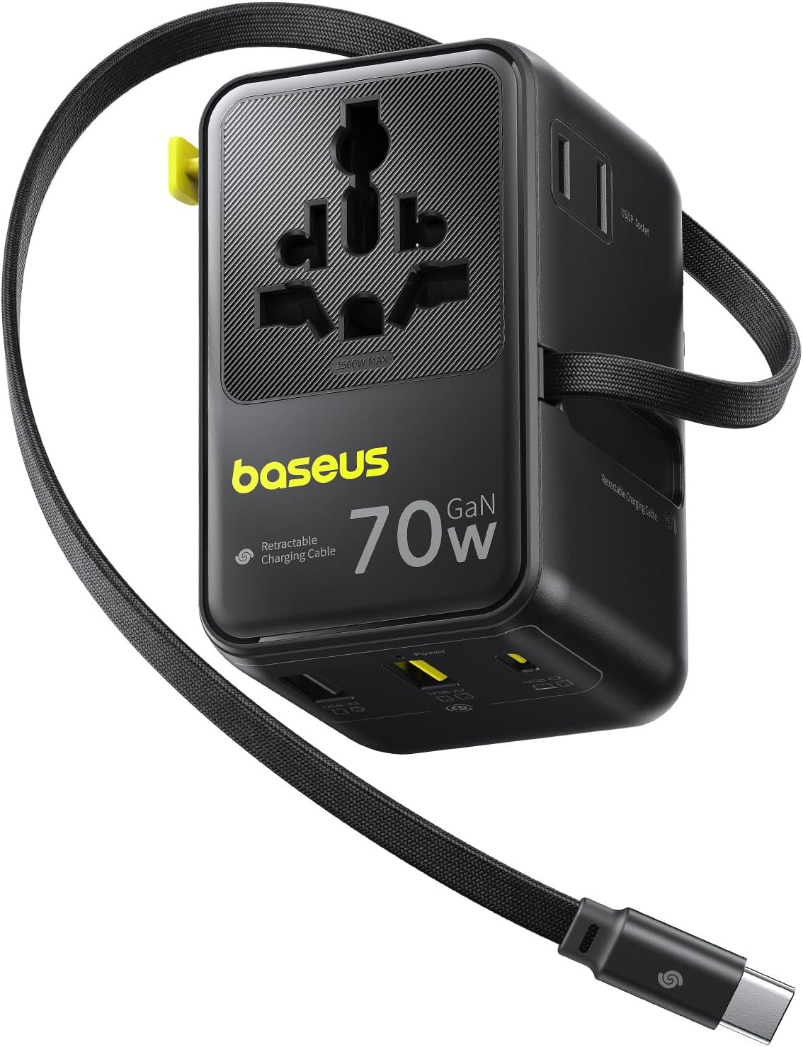 Baseus 70W Universal Travel Adapter, 6-in-1 International Plug Adapter with Retractable Cable, USB-C PD Fast Charging Worldwide Wall Charger for USA/EU/UK/AUS and Over 200 Countries – Enercore CG11