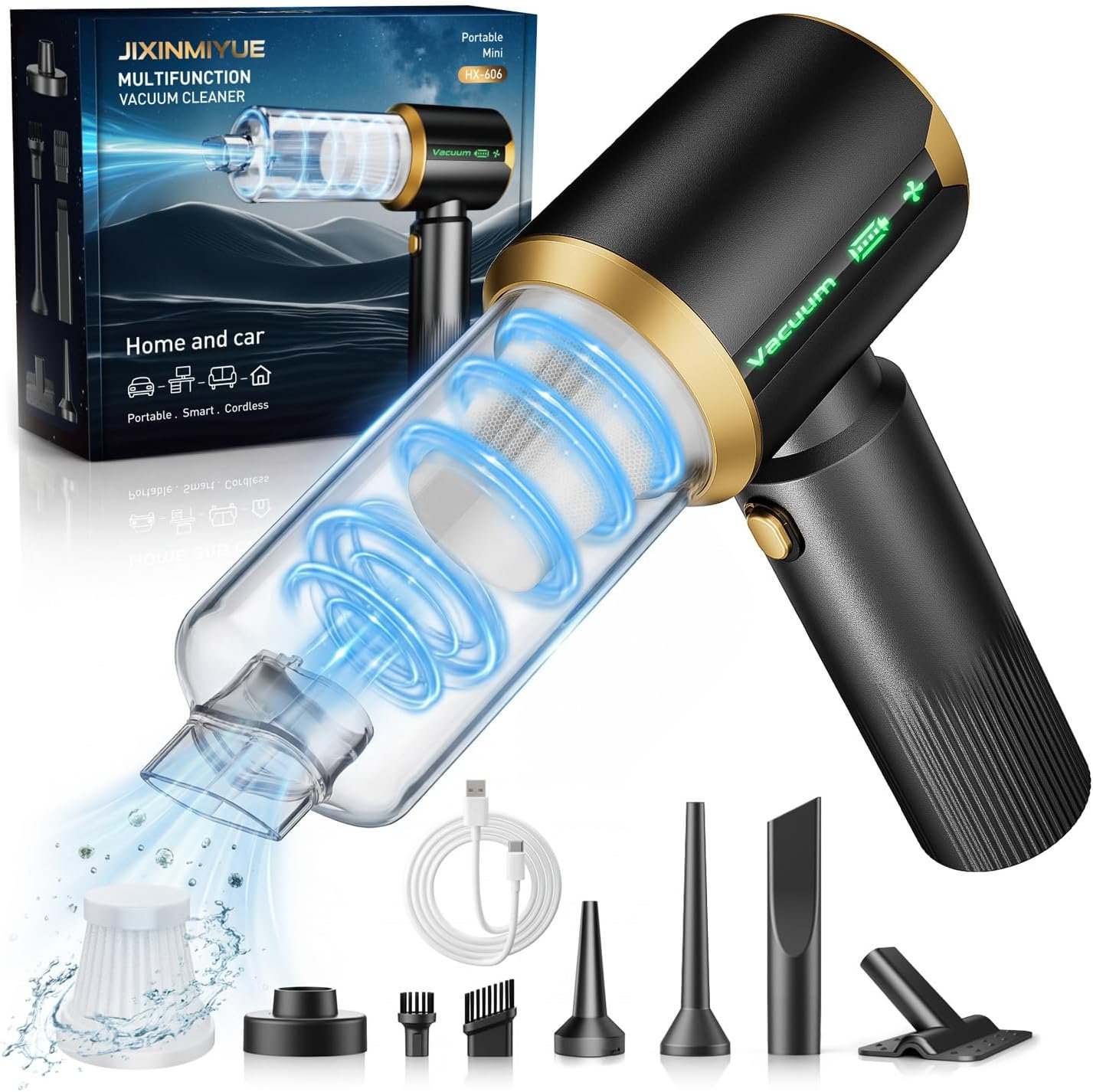 Handheld Car Vacuum Cleaner: Cordless Vacuum with 𝐁𝐫𝐮𝐬𝐡𝐥𝐞𝐬𝐬 𝐌𝐨𝐭𝐨𝐫, 𝟏𝟔𝟎𝟎𝟎𝐏𝐚 Strong Suction & HEPA Filter, Type-C Charging for Home Office Car – Ink Black