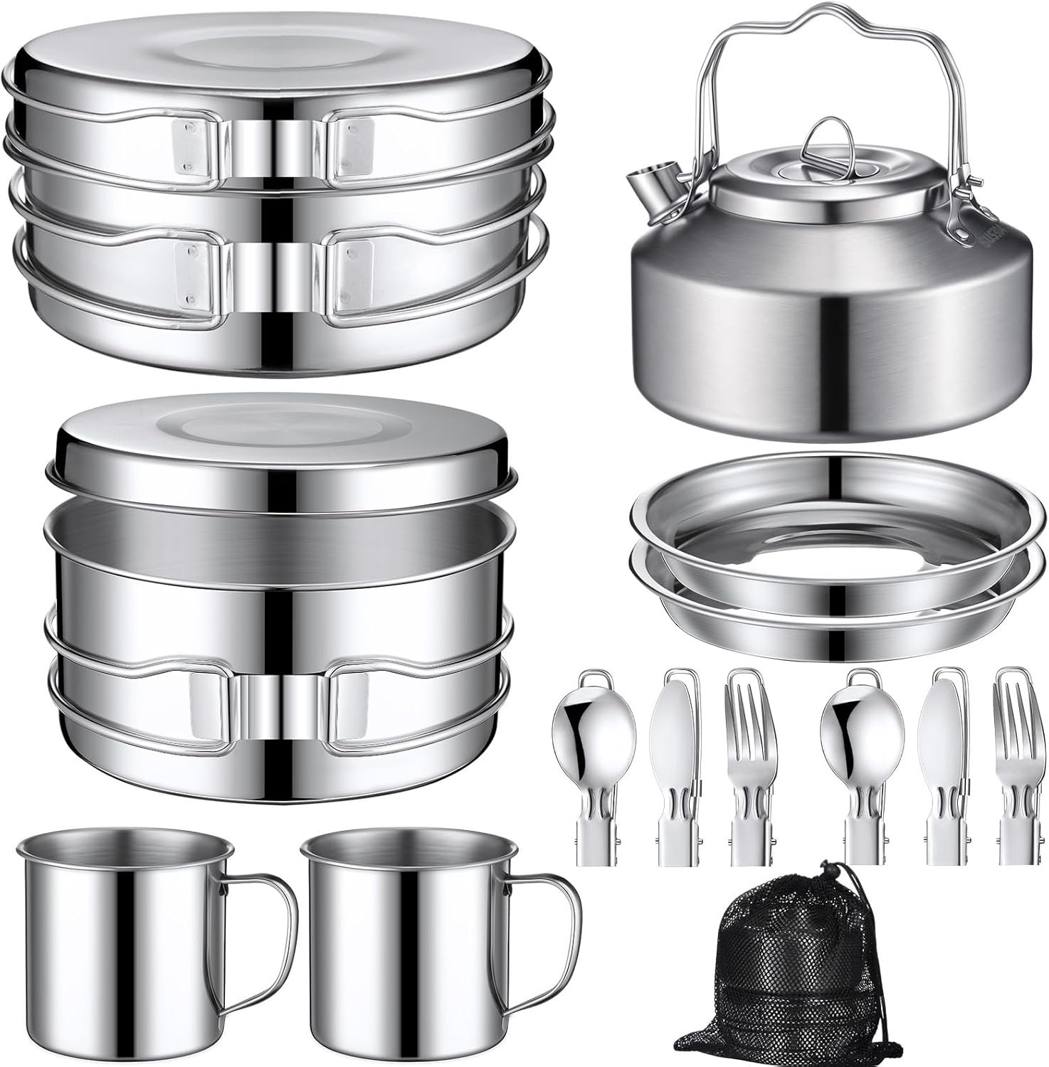 Funnymoom 15 Pcs Camping Cookware Mess Kit Outdoor Cooking Set Stainless Steel with Pot and Pan Kit 2 Set Stainless Steel Cups Plates Forks Knives Spoons for Camping Backpacking Cooking Picnic