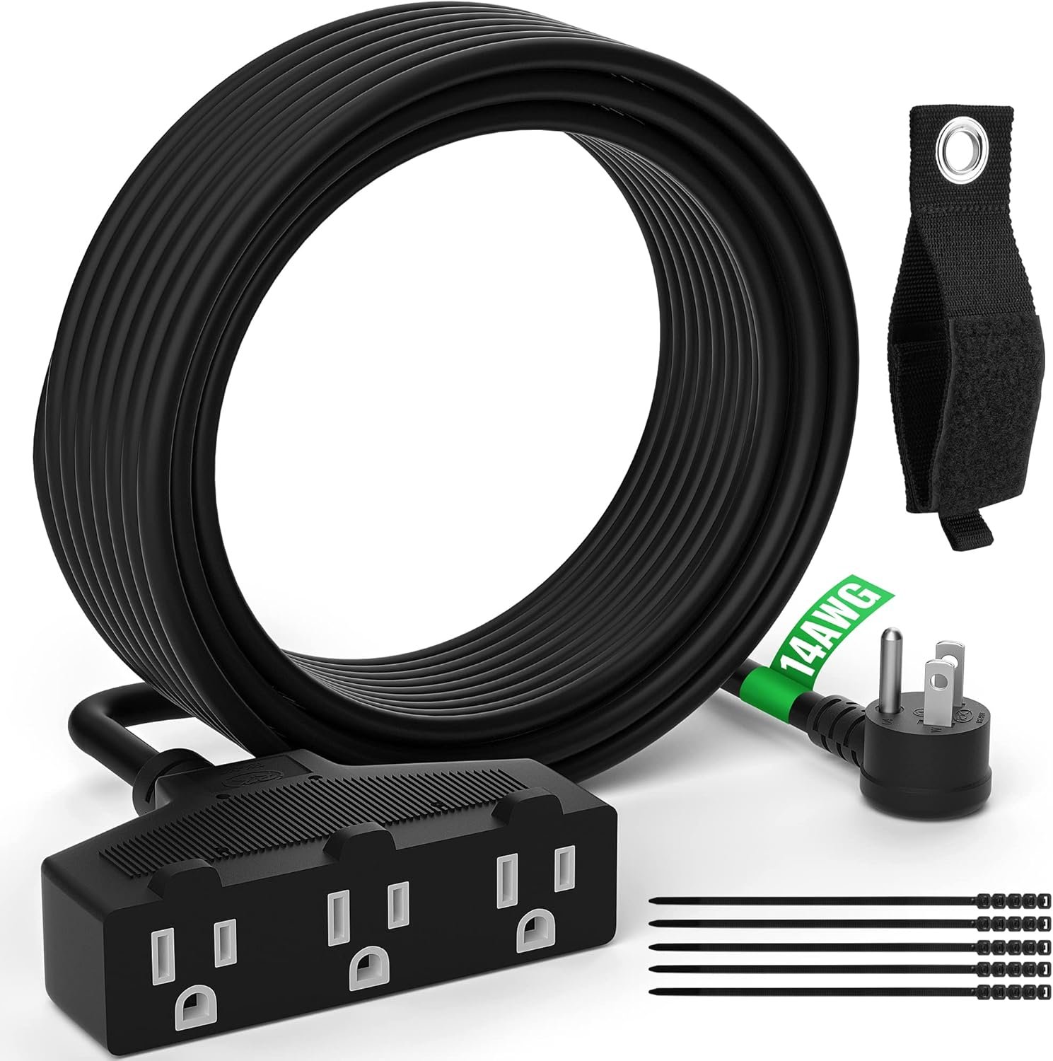 Outdoor Extension Cord 15 Ft with 3 Outlets, 14/3 SJTW 3 Prong Grounded Power Cord, 14 Gauge 14AWG Heavy Duty Power Cable, ETL Listed, 15 Amp 125 V 1875 W-Multiple Outlets for Indoor/Outdoor-Black