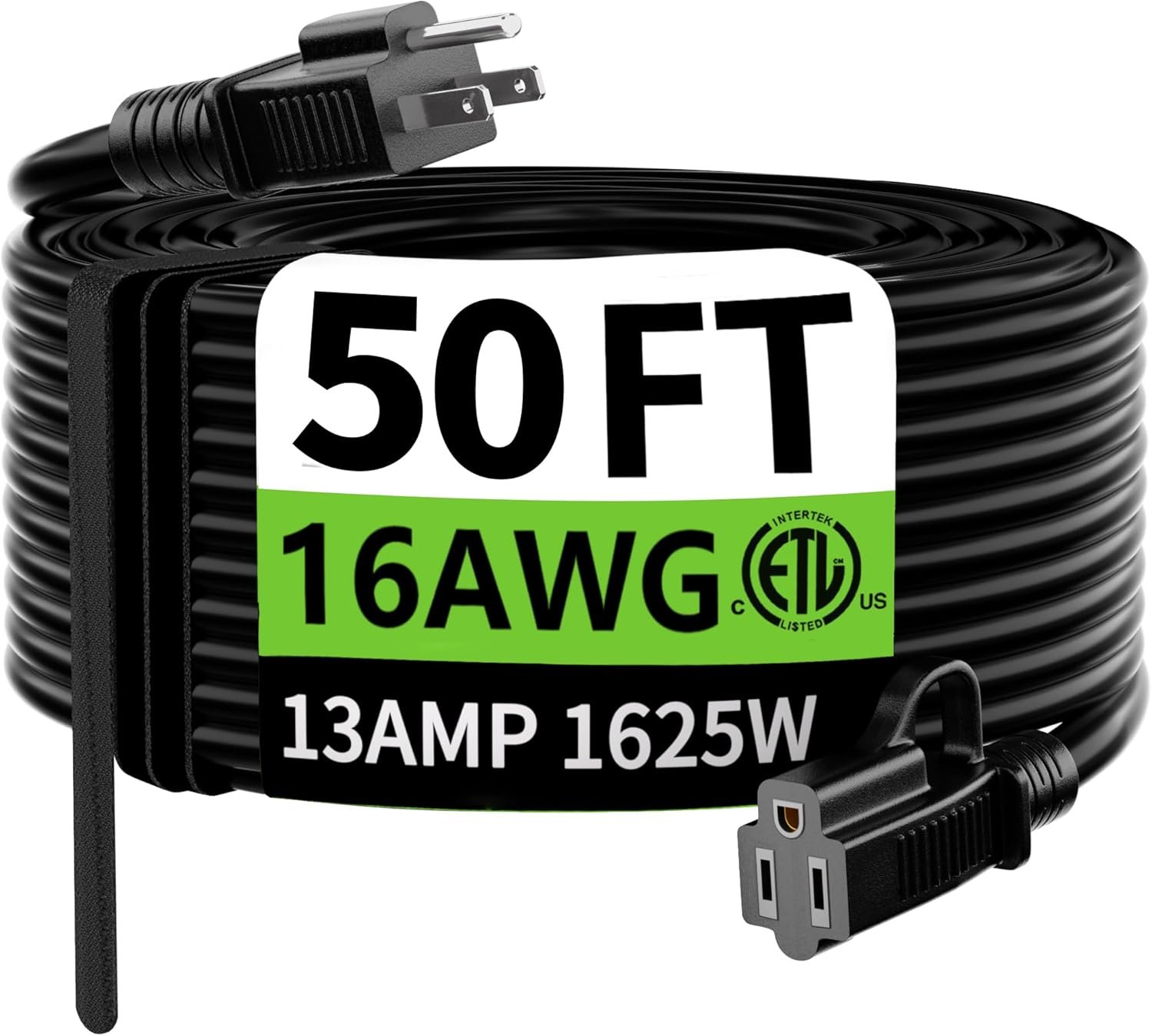 HUANCHAIN Indoor Outdoor Black Extension Cord 50 ft Waterproof, 16/3 Gauge Flexible Resistant Appliance Extension Cord Outside, 13A 1625W 16AWG SJTW, 3 Prong Electric Cable, ETL Listed