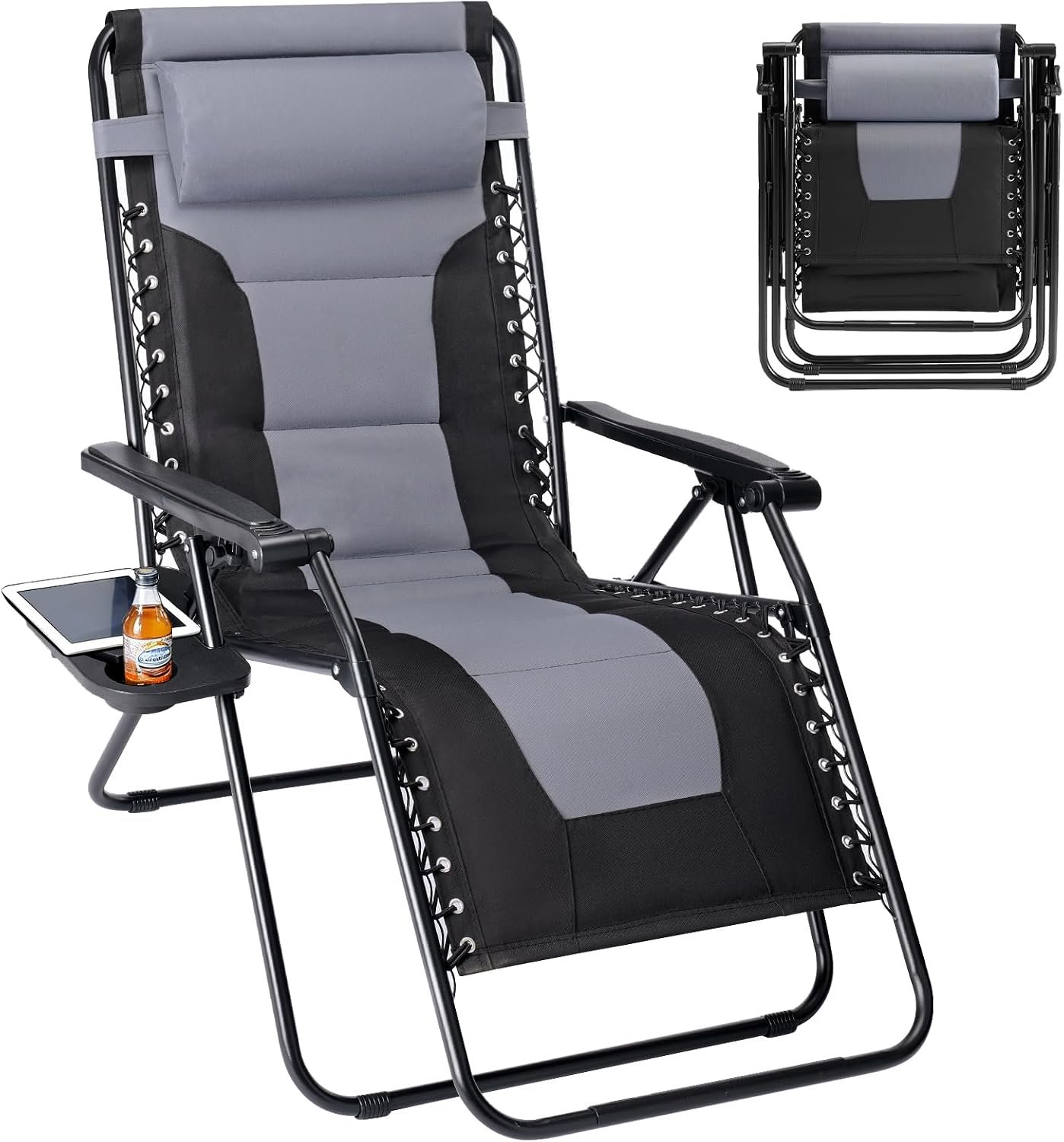 Sweetcrispy Zero Gravity Chairs, Foldable Patio Reclining Chairs with Adjustable Pillow & Cup Holder, Oversized Portable Support 400 lbs, for Backyard Camping, Black-Gray