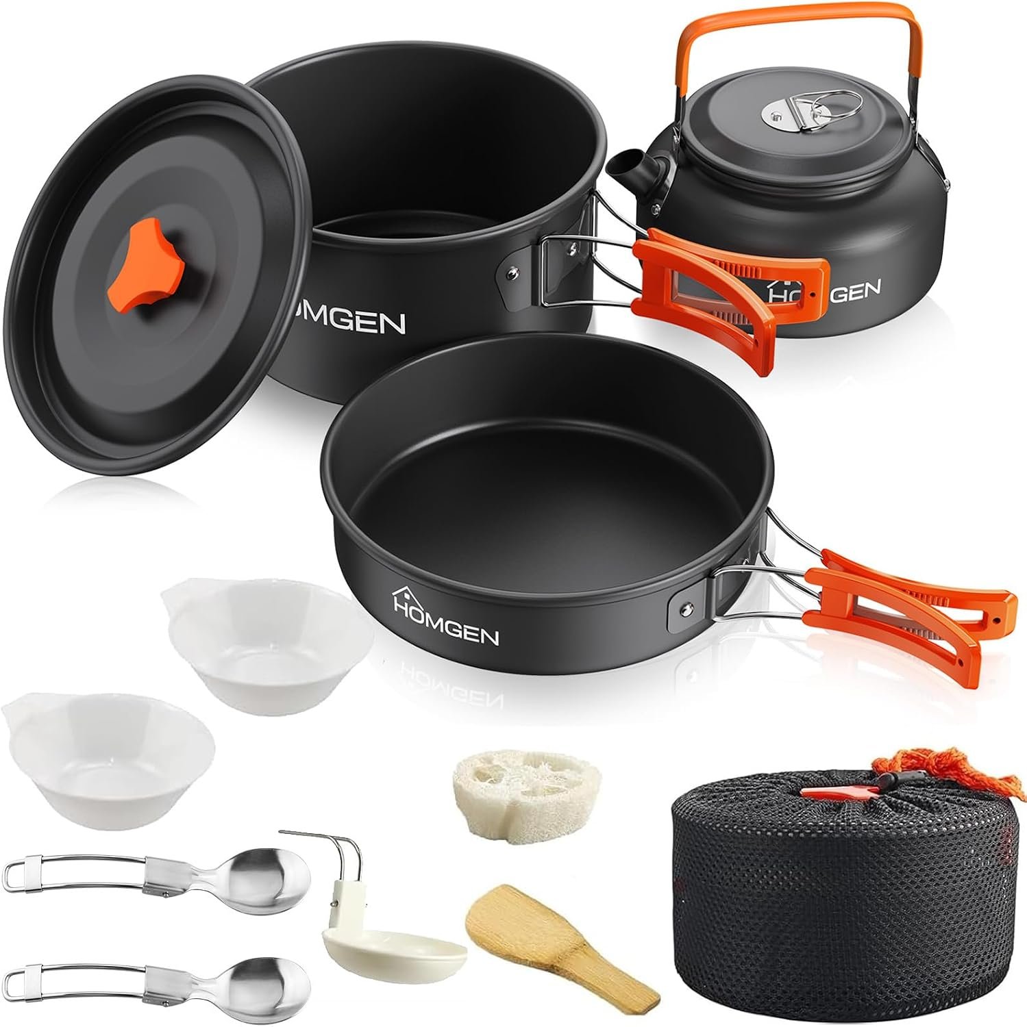 HOMGEN Portable Camp Cooking Set-Ultralight Anodized Aluminum Camping Cookware Set for 2 People with Nesting Non-Stick Frying Pot/Pan-800ml Insulated Teapot etc-Compact Backpacking Gear for Camping