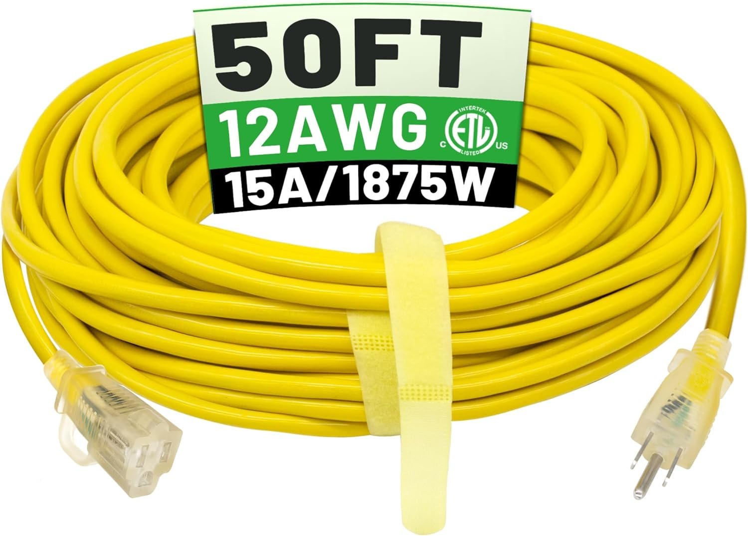 POWGRN 50 ft 12/3 Outdoor Extension Cord Waterproof Heavy Duty with Lighted Indicator End 12 Gauge 3 Prong, Flexible Cold-Resistant Long Power Cord Outside, 15Amp 1875W SJTW Yellow ETL Listed