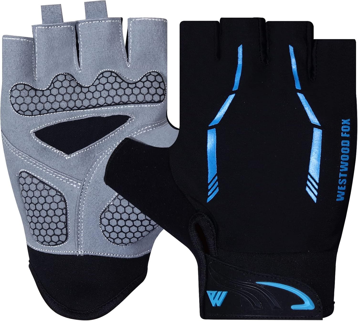 WESTWOOD FOX Cycling Gloves Half Finger Unisex Padded Grips Palm Bicycle Riding MTB Bike Gloves Non-Slip Fingerless Short Mountain Ride Men’s Sports Hiking Climbing Camping Gym