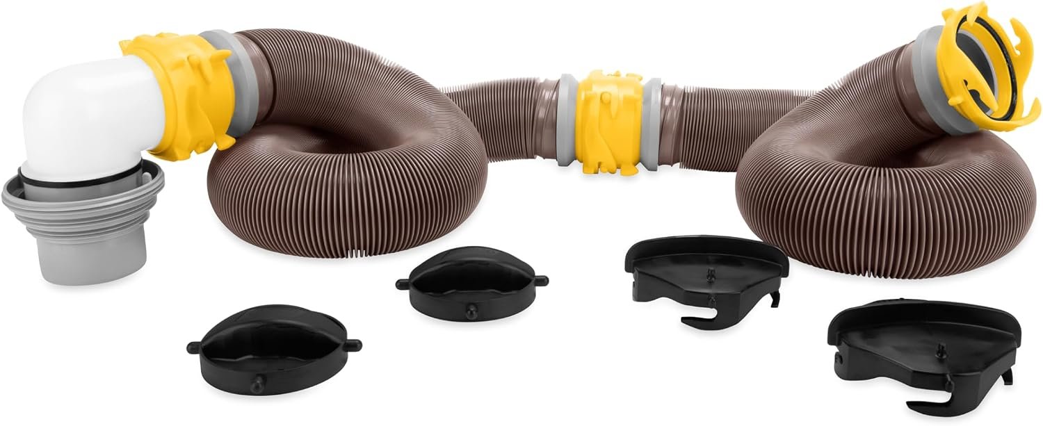 Camco Revolution 20-Ft Sewer Hose Kit – Features Translucent Elbow Fitting w/ 4-in-1 Adapter – Connects to 3” Slip or 3”/3.5”/4” NPT Threaded Sewer Connection (39634)