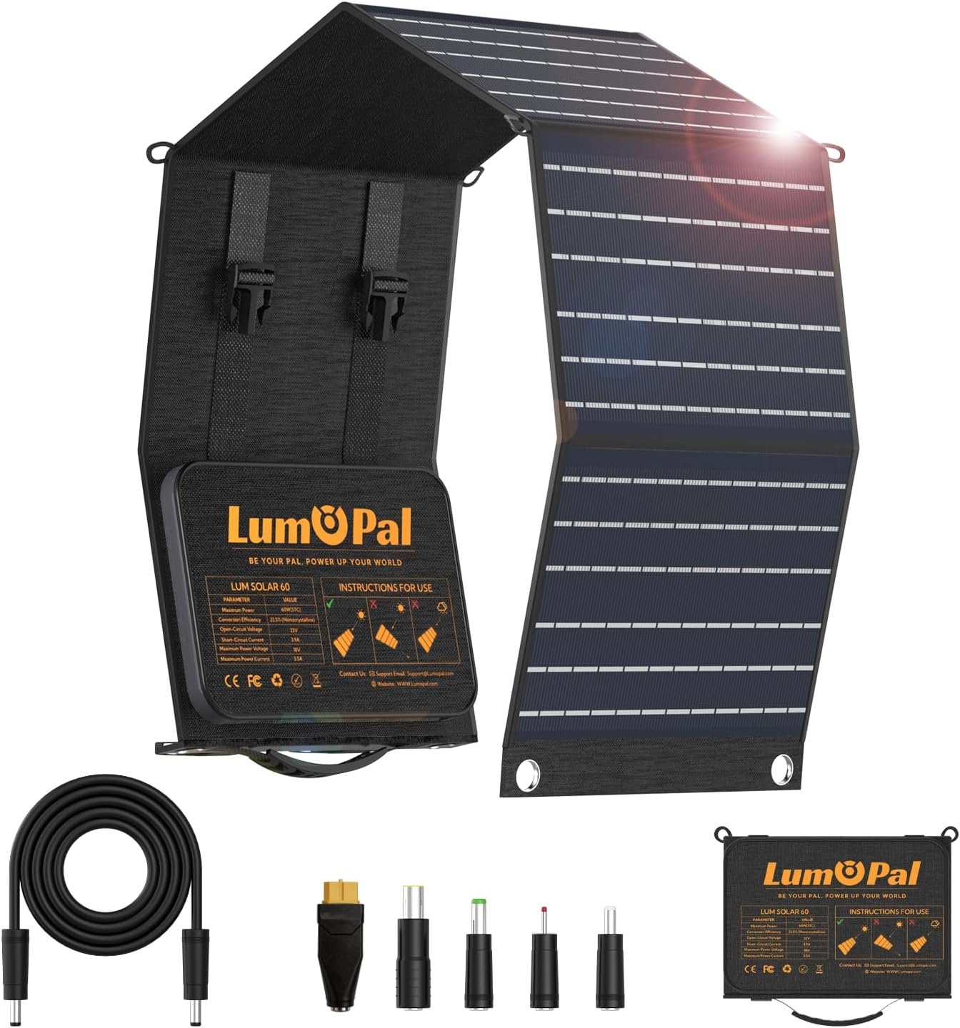 Portable Solar Panel, LUMOPAL 60W Foldable Solar Panels Folding Solar Charger with PD60W USB C QC3.0 USB A Output Waterproof for Camping Backpacking Compatible with Phone Laptop Portable Power Station