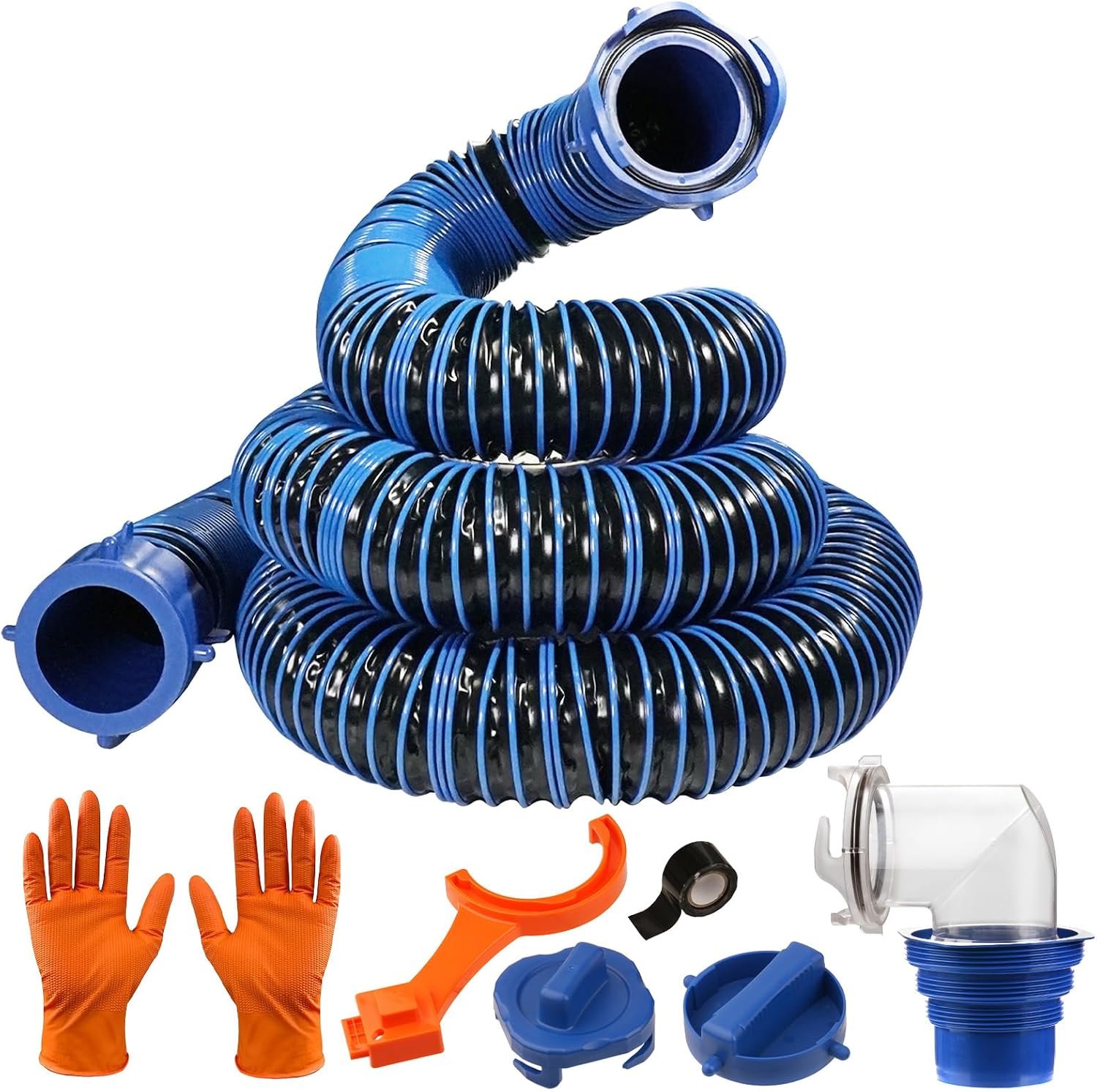 SheeChung 15 FT RV Sewer Hose Kit, Sewer Hose for RV Camper, Heavy-Duty Camper Waste Hose with Leak-Proof Swivel Fittings, 90° Clear Elbow, 2 Storage Caps, TPE Tech for Crush-Proof and UV-Resistant