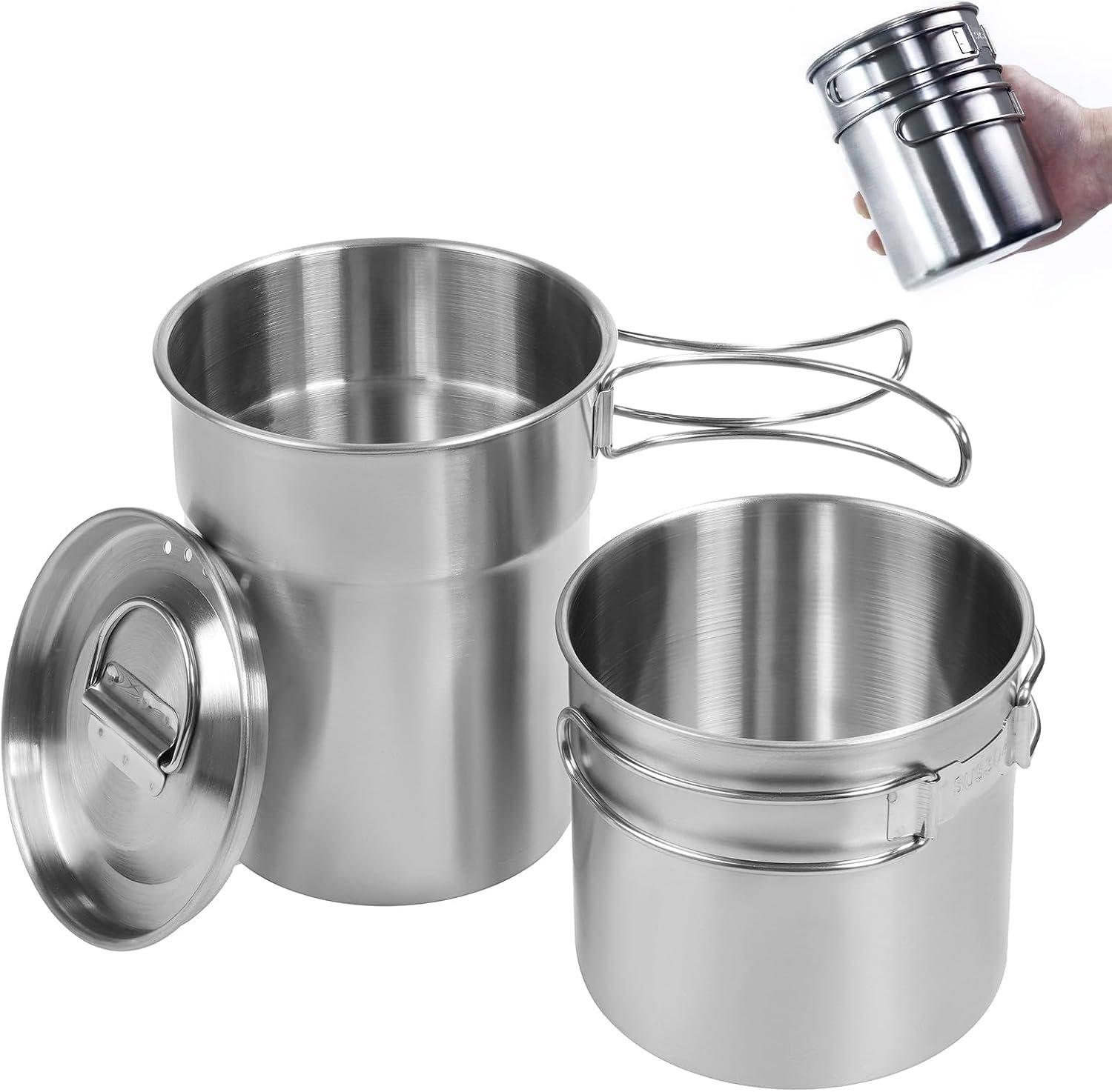 KOKKOYA Foldable Camping Cups Mugs Camping Pot Cookware 304-Food-Grade Outdoor Camp Cooking Set with Vented lid,Stainless Steel Backpacking Cookware for Hunting