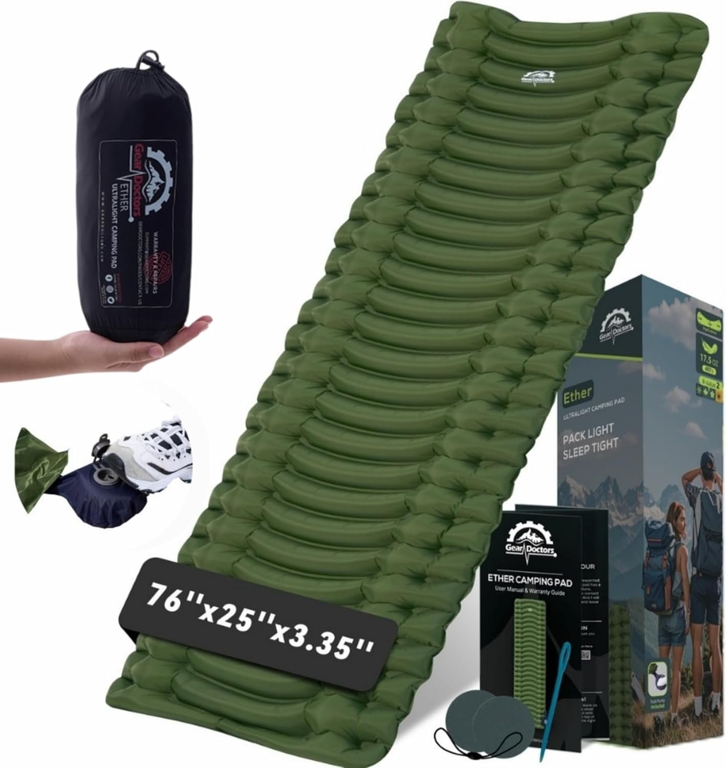 Gear Doctors® Ether 17.5oz Ultralight Camping Sleeping Pad – Backpacking Air Mattress – Camping Mattress Pad – Compact Inflatable Sleeping Mat for Backpacking, Comfortable Outdoor Hiking, Tent, Travel