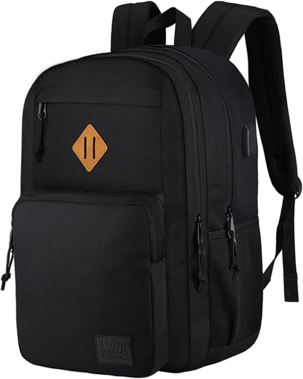 KEOFID Travel backpack for Men and Women, Anti Theft Laptop Backpack with USB Charging Port for Work, Large Bag for College, Carry-on Backpack with Luggage Strap, Water Resistent(Black)