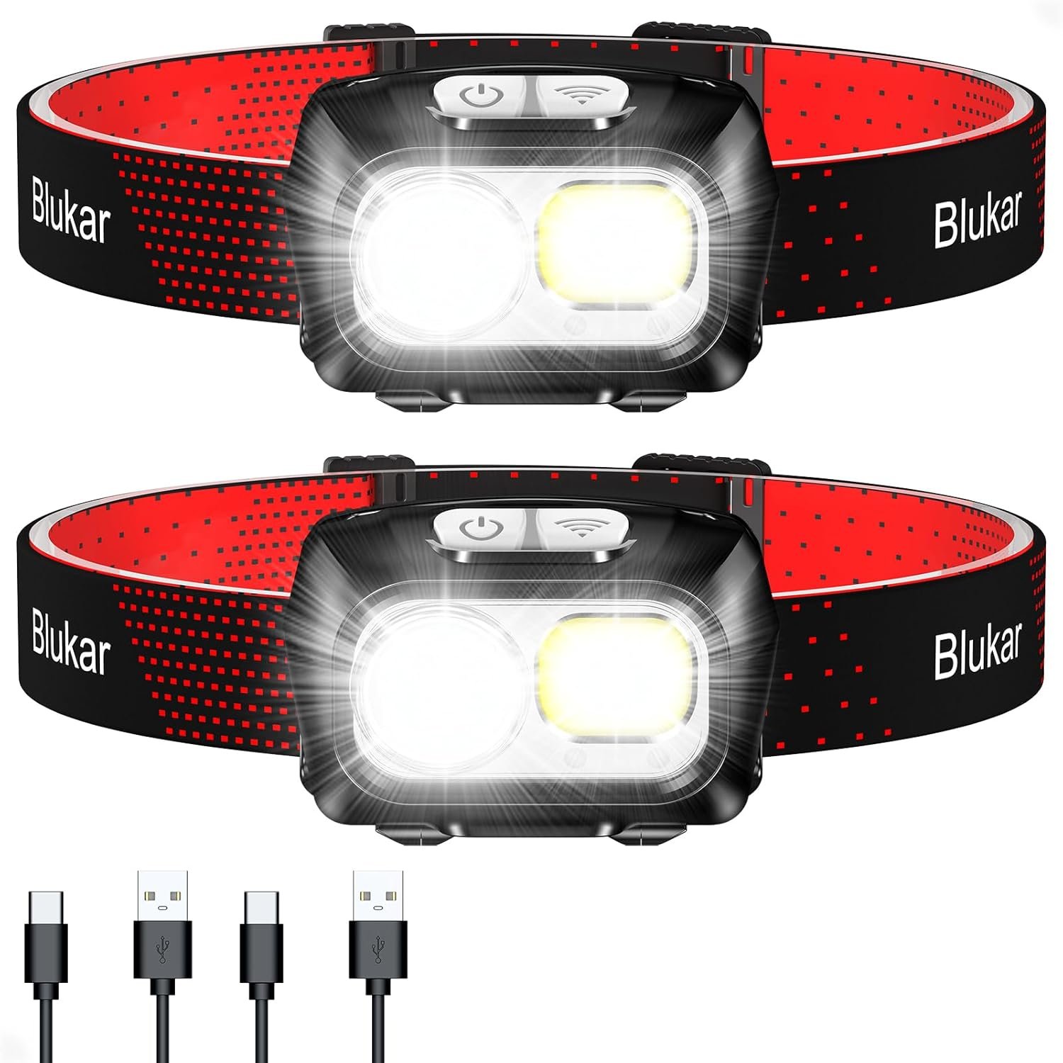 Blukar LED Headlamp Rechargeable,2000L Super Bright Headlight with Motion Sensor -Dimmable Brightness,8 Modes,Spotlight&Floodlight&Red Light Combination,IPX5 Waterproof for Hiking,Camping – 2 Pack