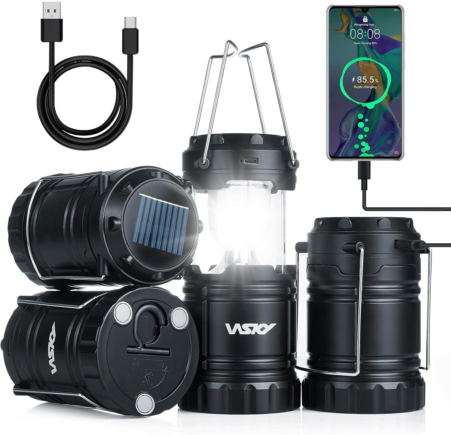 Wsky Solar Camping Lantern 4-Pack – Rechargeable LED Lights, Magnetic Base & Foldable Hanging Hook- Collapsible Lamp Battery Powered Perfect for Power Outages, Hiking, Campsites, Emergencies